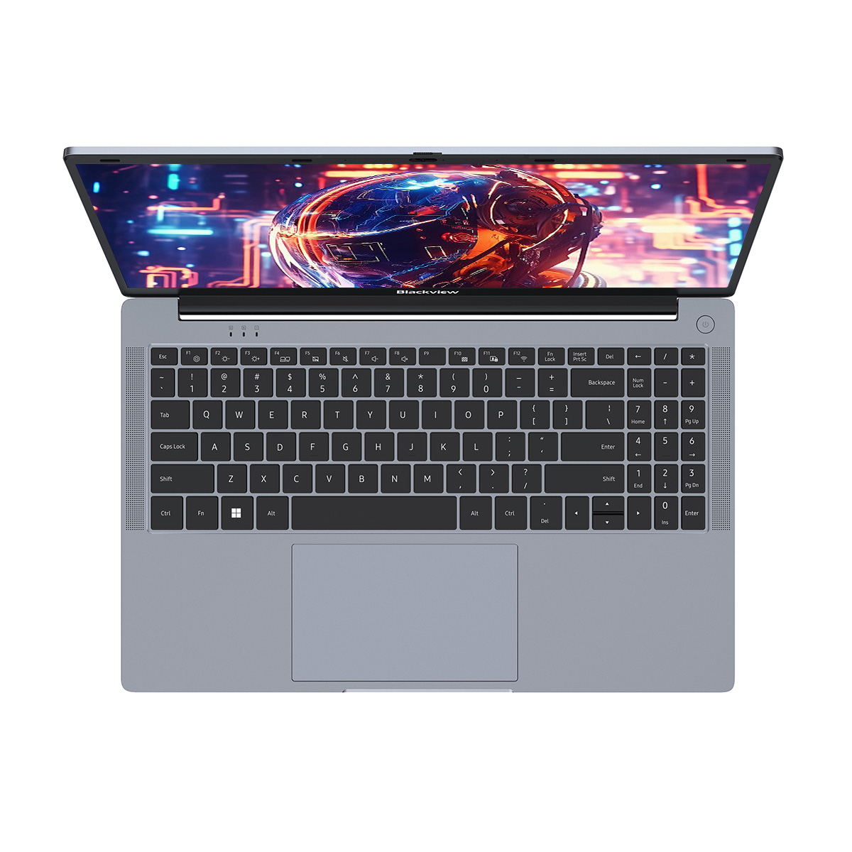 Laptop-Tastatur mit hellgrauem Rahmen und schwarzer Tastatur. Draufsicht.