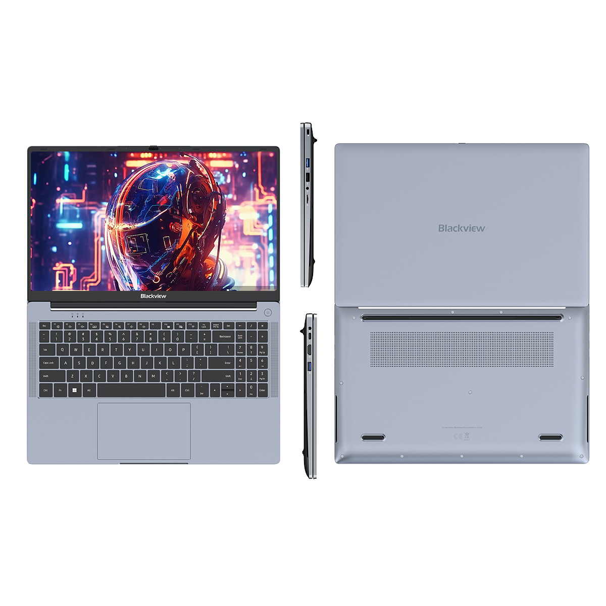 Laptop mit geöffneter und geschlossener Ansicht. Oben ein Bildschirm mit einem Weltraumhelm, unten die Basis.