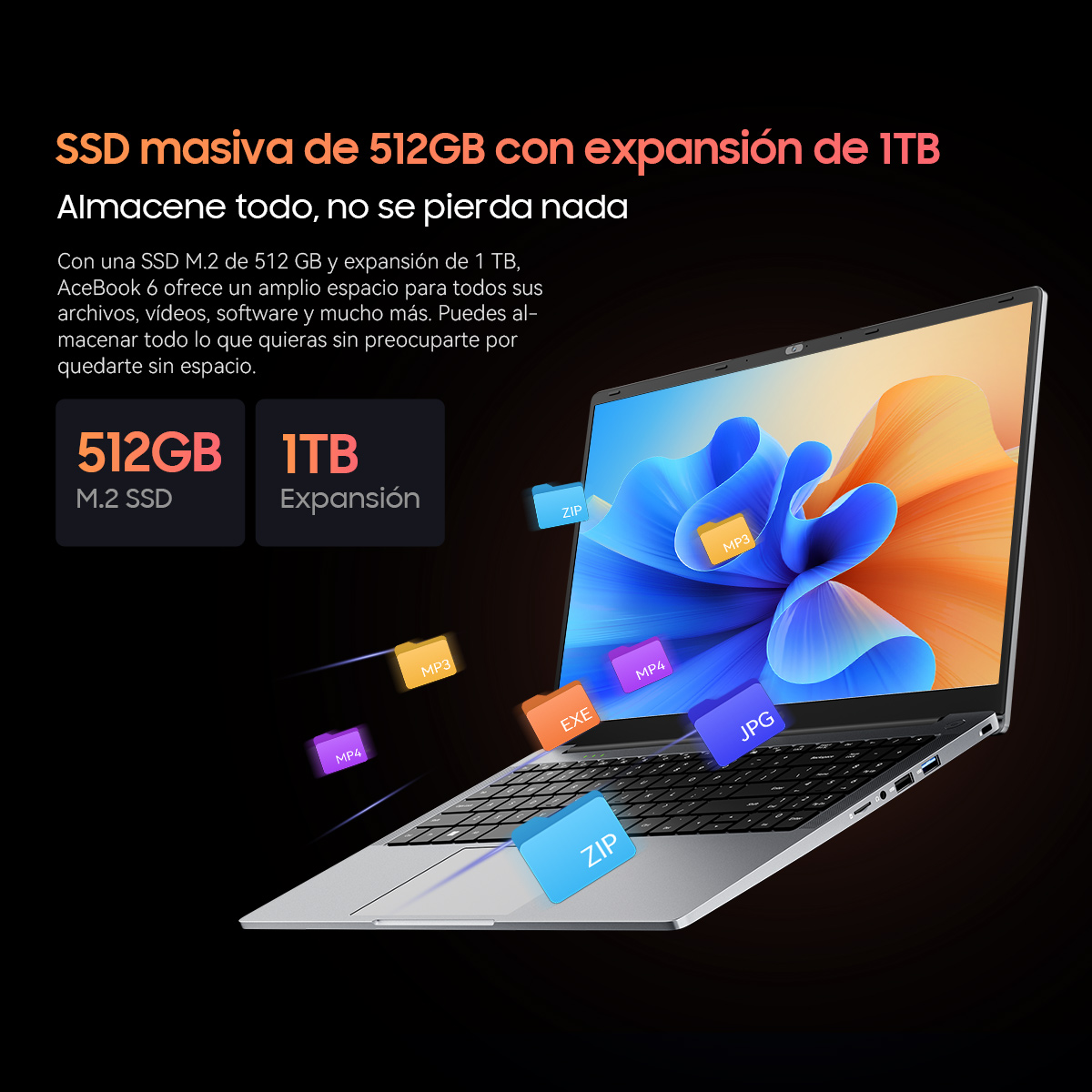 Pantalla de portátil mostrando iconos de archivos. Texto: SSD de 512 GB con expansión de 1 TB.