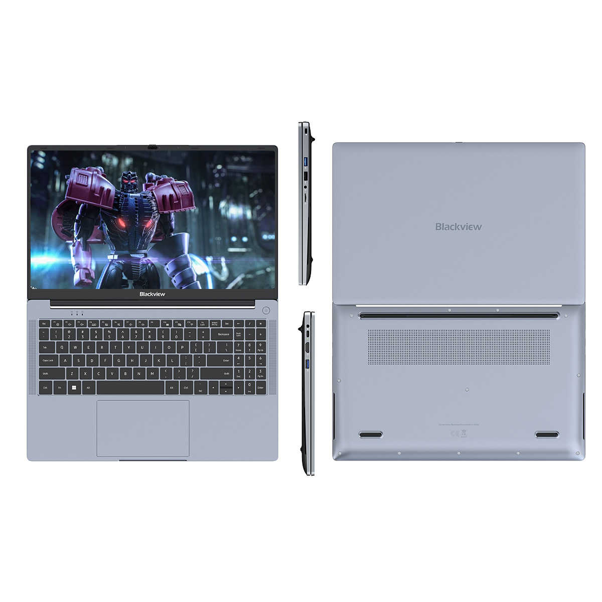 Ein Laptop mit verschiedenen Ansichten, einschließlich offen, geschlossen und Seitenansichten. Blackview.