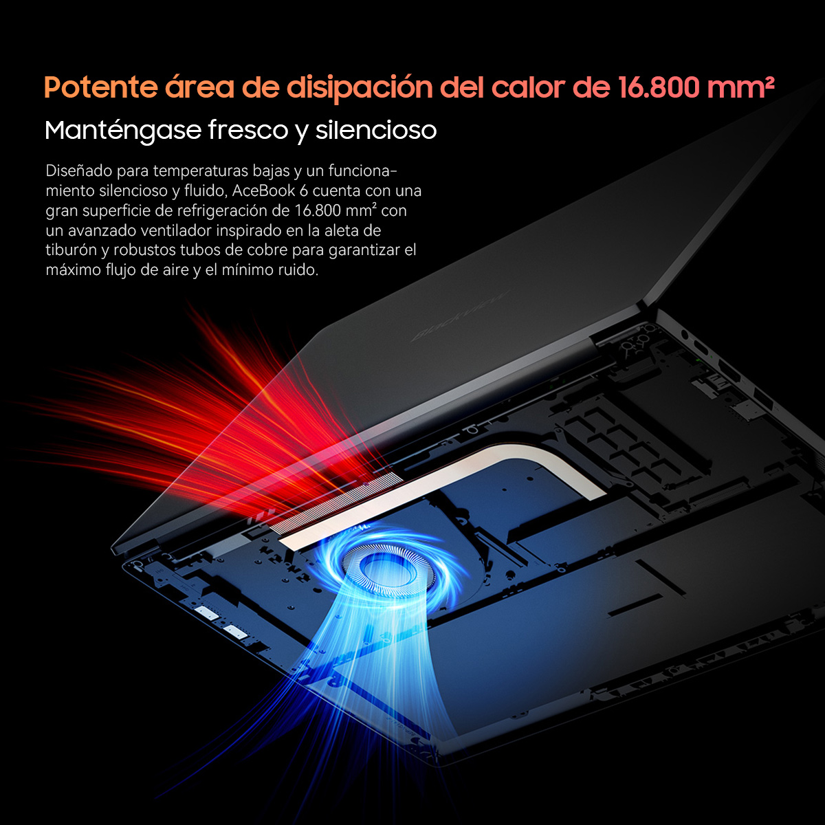 Componentes internos de la laptop con ventiladores. Diagramas de flujo de aire rojo y azul.