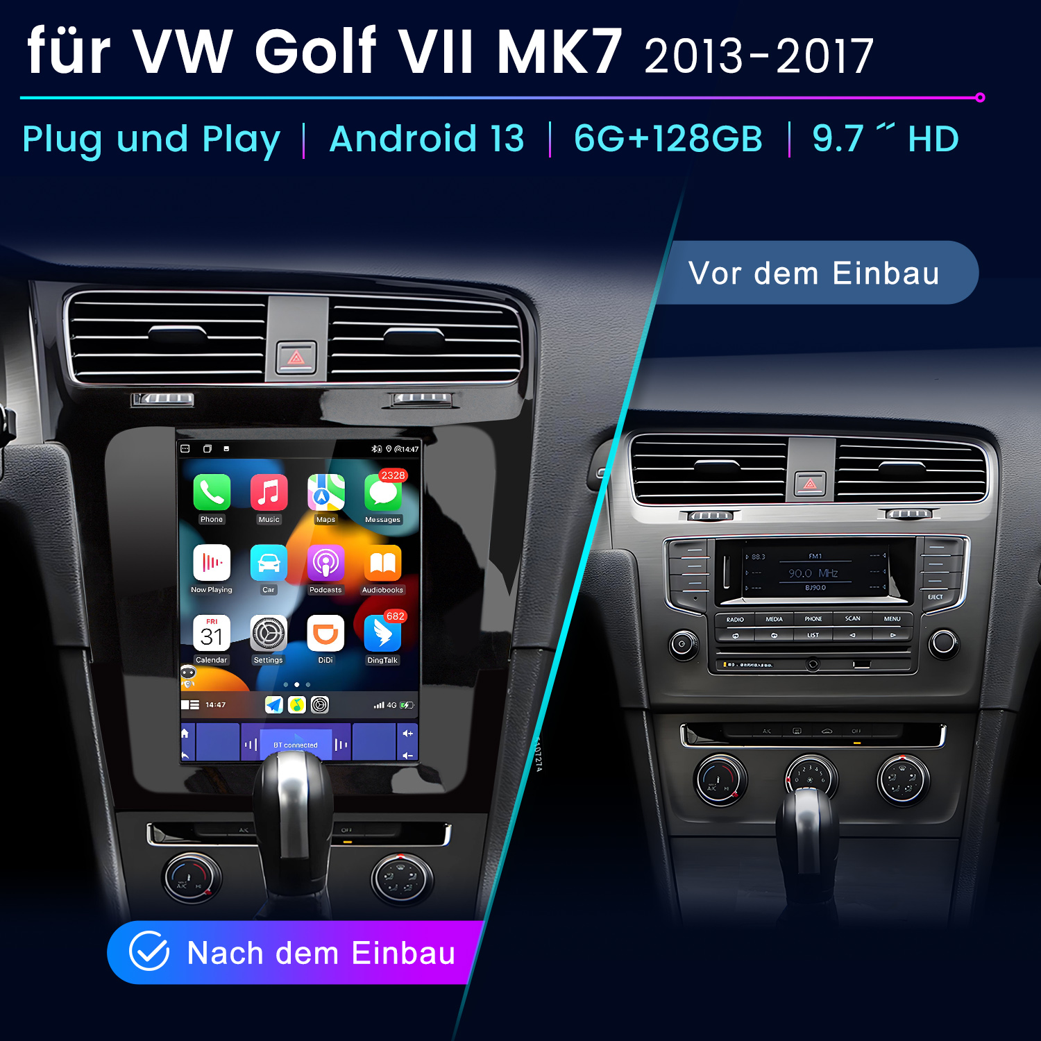 Ein Auto-Innenraum mit einem Bildschirm, der eine Benutzeroberfläche anzeigt, sowie Texte zum Automodell und seinen Funktionen.