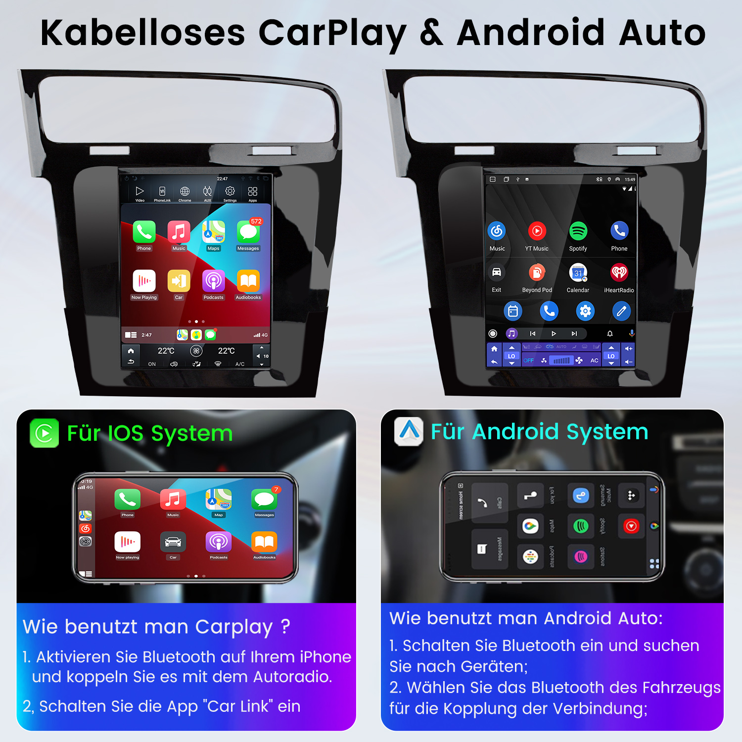 Zwei Autoradiosysteme nebeneinander. Eins für iOS, das andere für Android. Jedes zeigt seine Oberfläche.