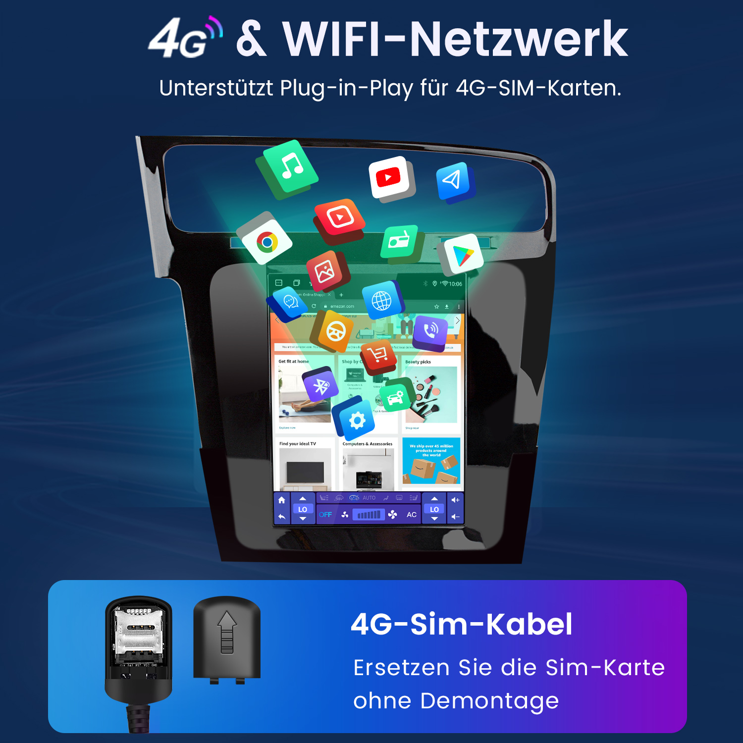Auto-Multimedia-Bildschirm mit App-Symbolen. Zeigt 4G- und WiFi-Netzwerkfunktionen und den SIM-Karten-Slot.