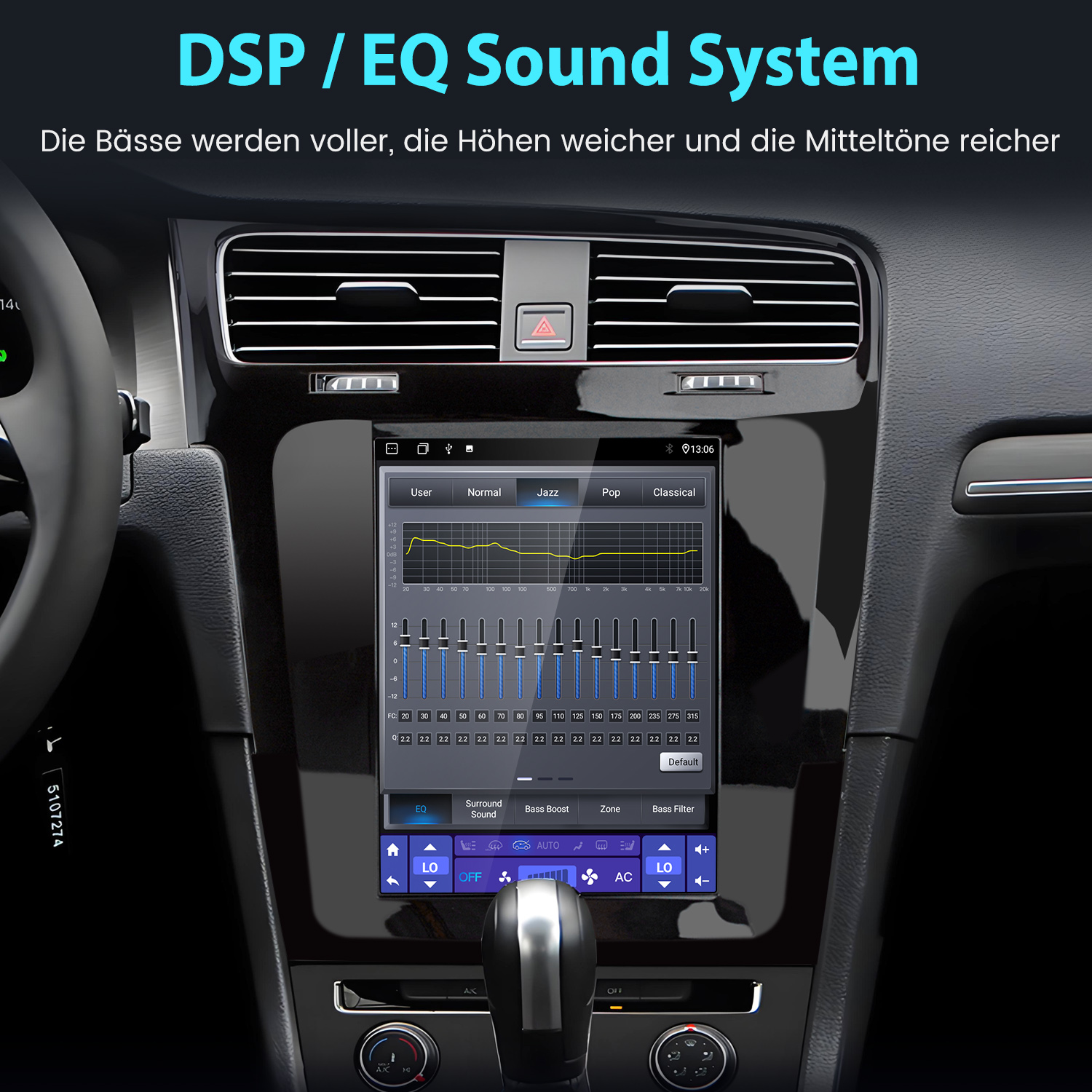 Ein Auto-Bildschirm, der eine EQ-Sound-System-Oberfläche mit Equalizer-Einstellungen und Soundoptionen anzeigt.