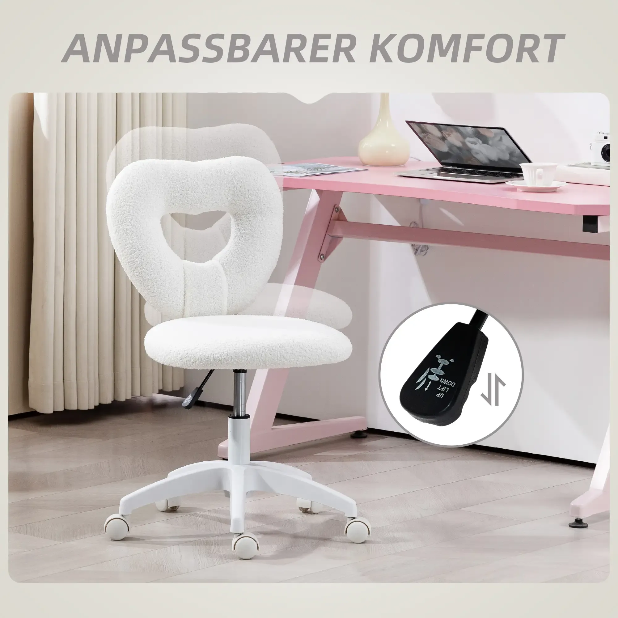 Weißer, herzförmiger Stuhl mit verstellbarer Höhe, in einem Raum mit einem rosa Schreibtisch und einem Laptop.