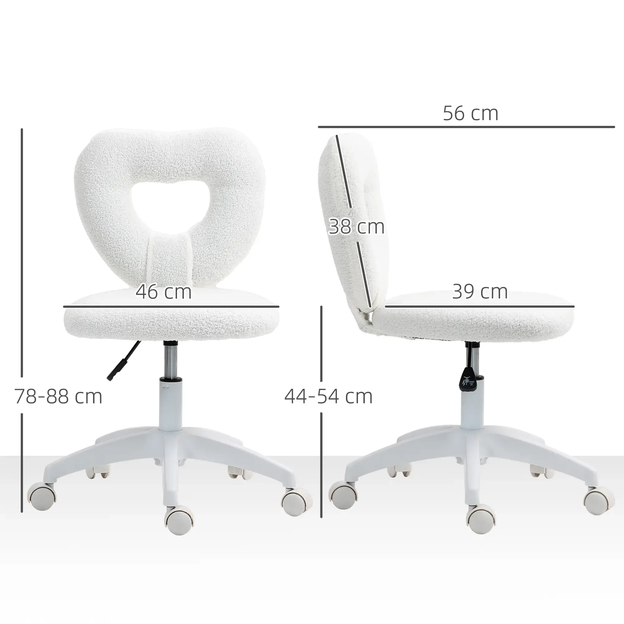 Weißer Stuhl mit herzförmigem Rücken. Abmessungen: 46 cm Sitz, 38 cm Rücken, 78-88 cm Höhe.