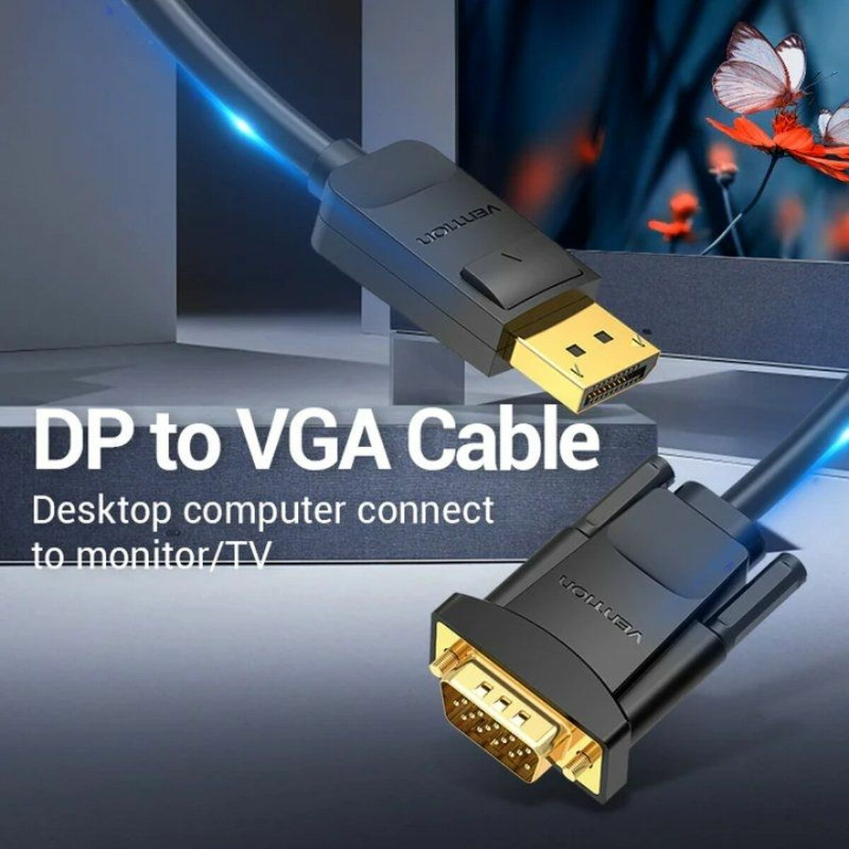 Cavo da DP a VGA. Collega un computer desktop a un monitor o TV. Connettori neri con pin dorati.