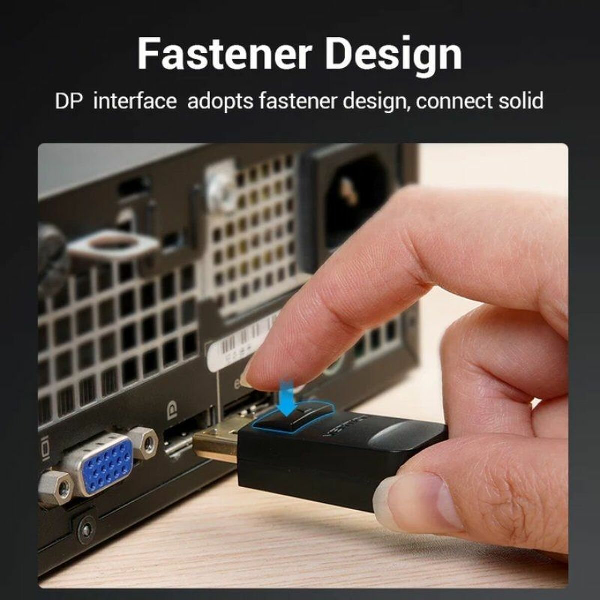 Mano che preme un piccolo connettore nero in un dispositivo. Il testo dice 'Fastener Design'.