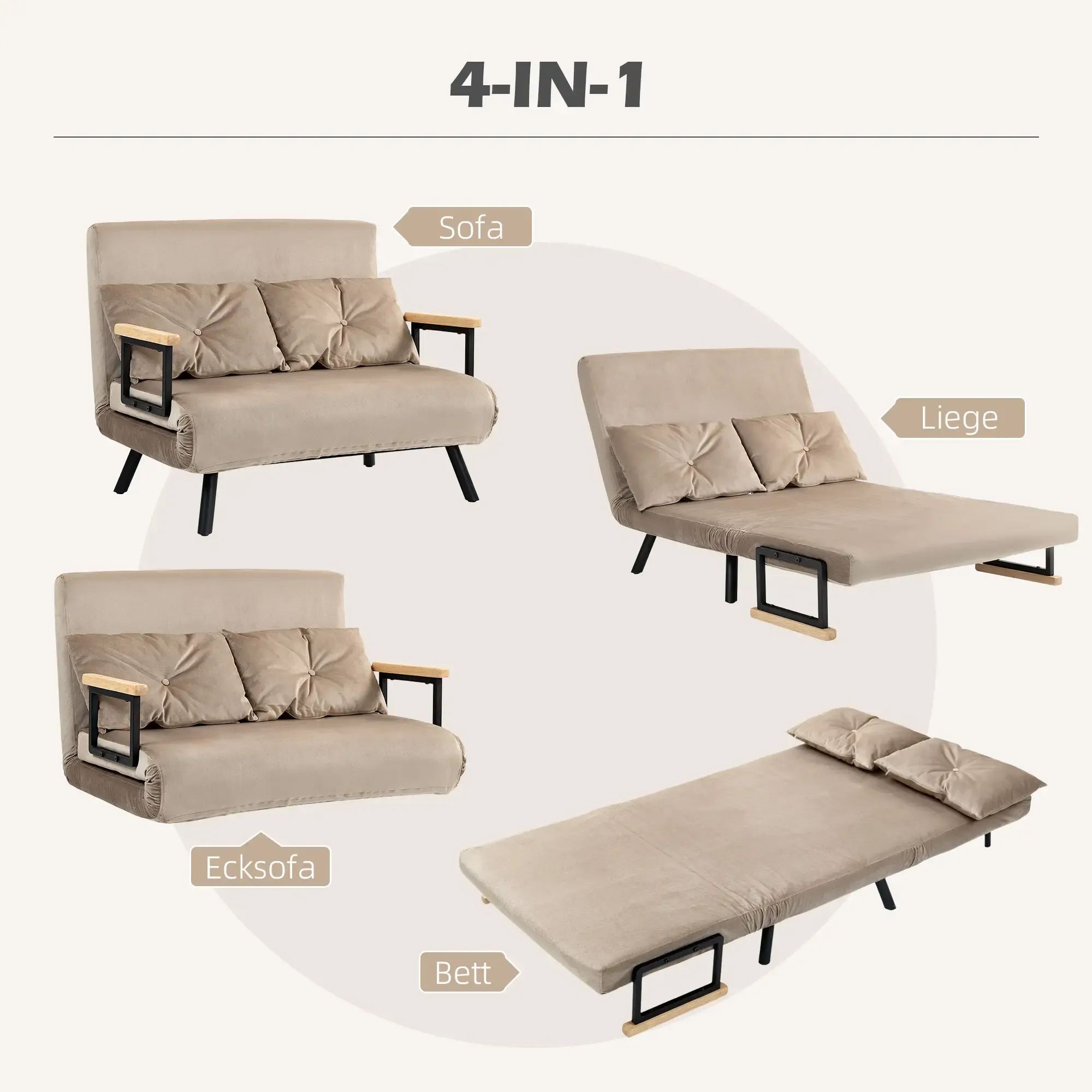 Ein 4-in-1-Konvertierbares Sofa in vier verschiedenen Konfigurationen: Sofa, Chaiselongue, Ecksofa und Bett.