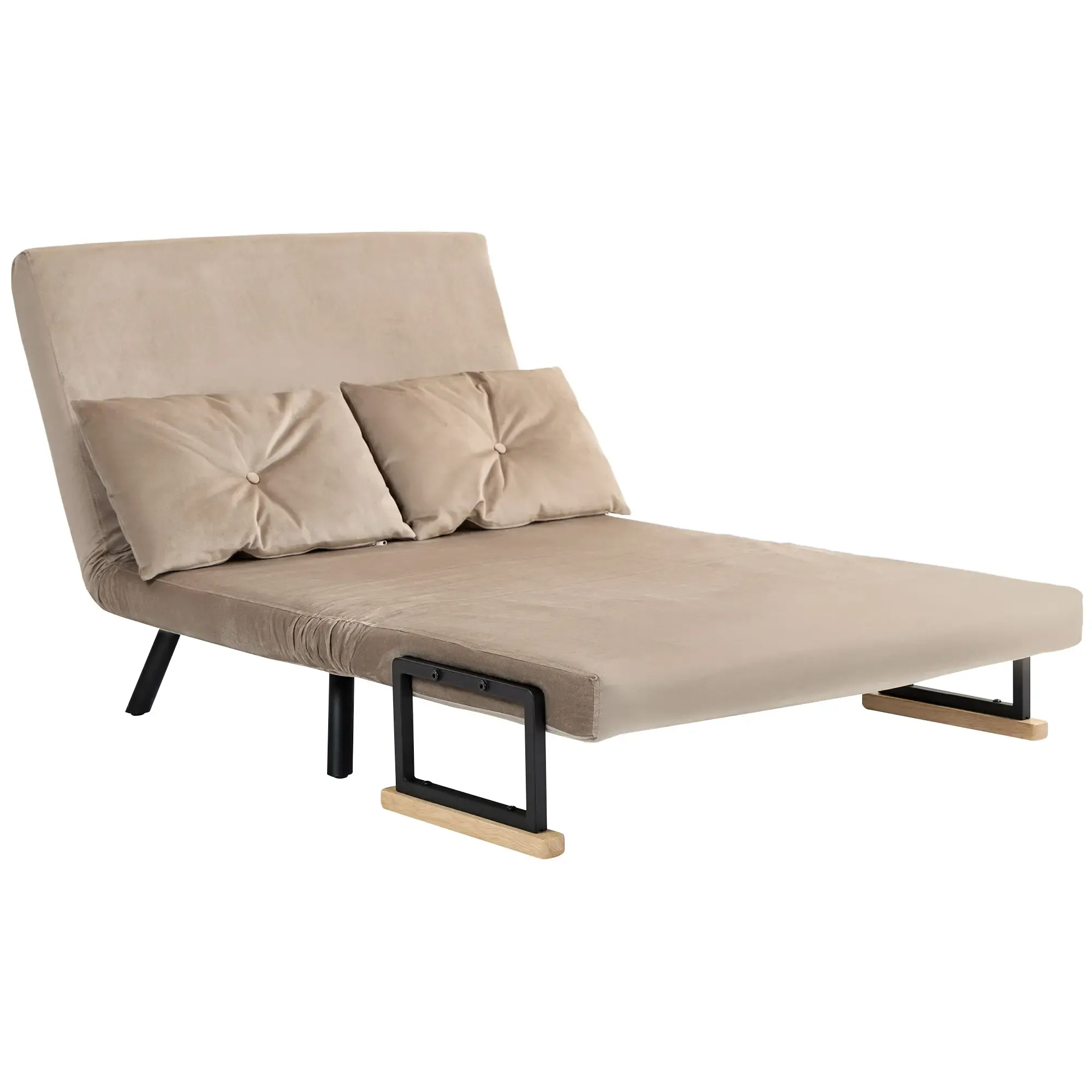 Ein beiges Schlafsofa mit zwei Kissen und einem dunklen Rahmen. Die Rückenlehne ist leicht abgewinkelt.