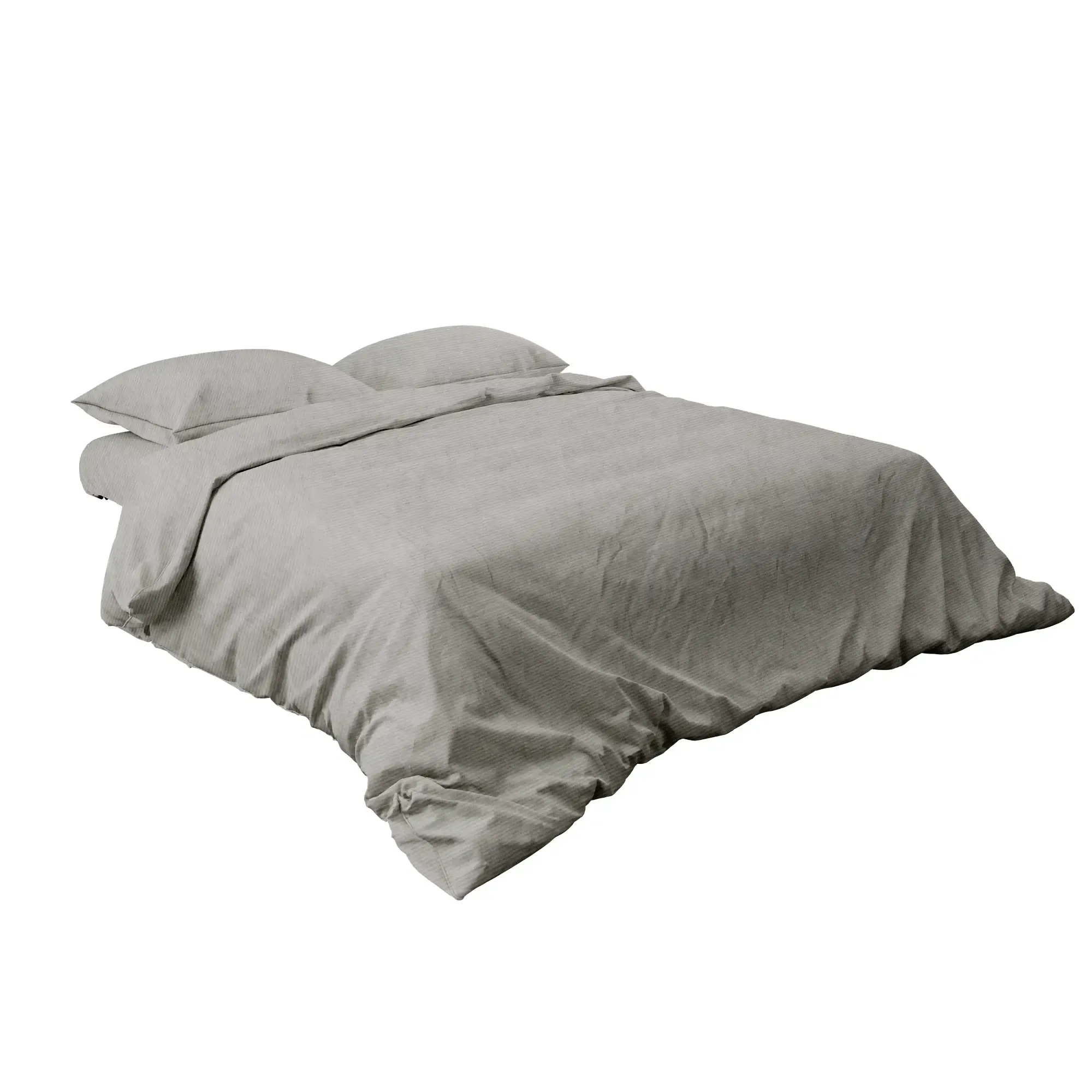 Ein Bett mit grau-weiß gestreifter Bettwäsche. Die Laken und der Bettbezug sind ordentlich angeordnet.