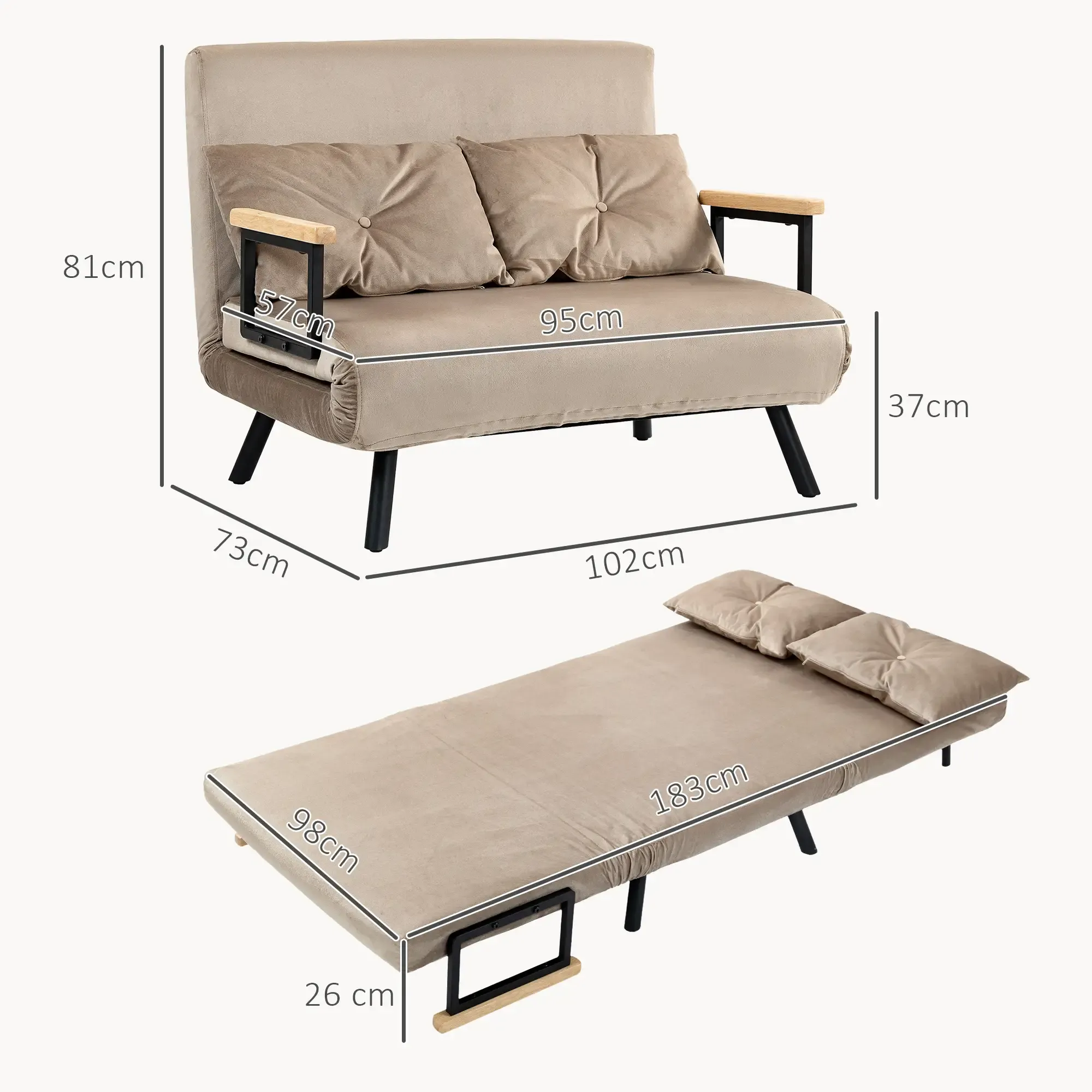 Beiges Sofa in zwei Positionen, gefaltet und entfaltet mit Abmessungen. Weißer Hintergrund.