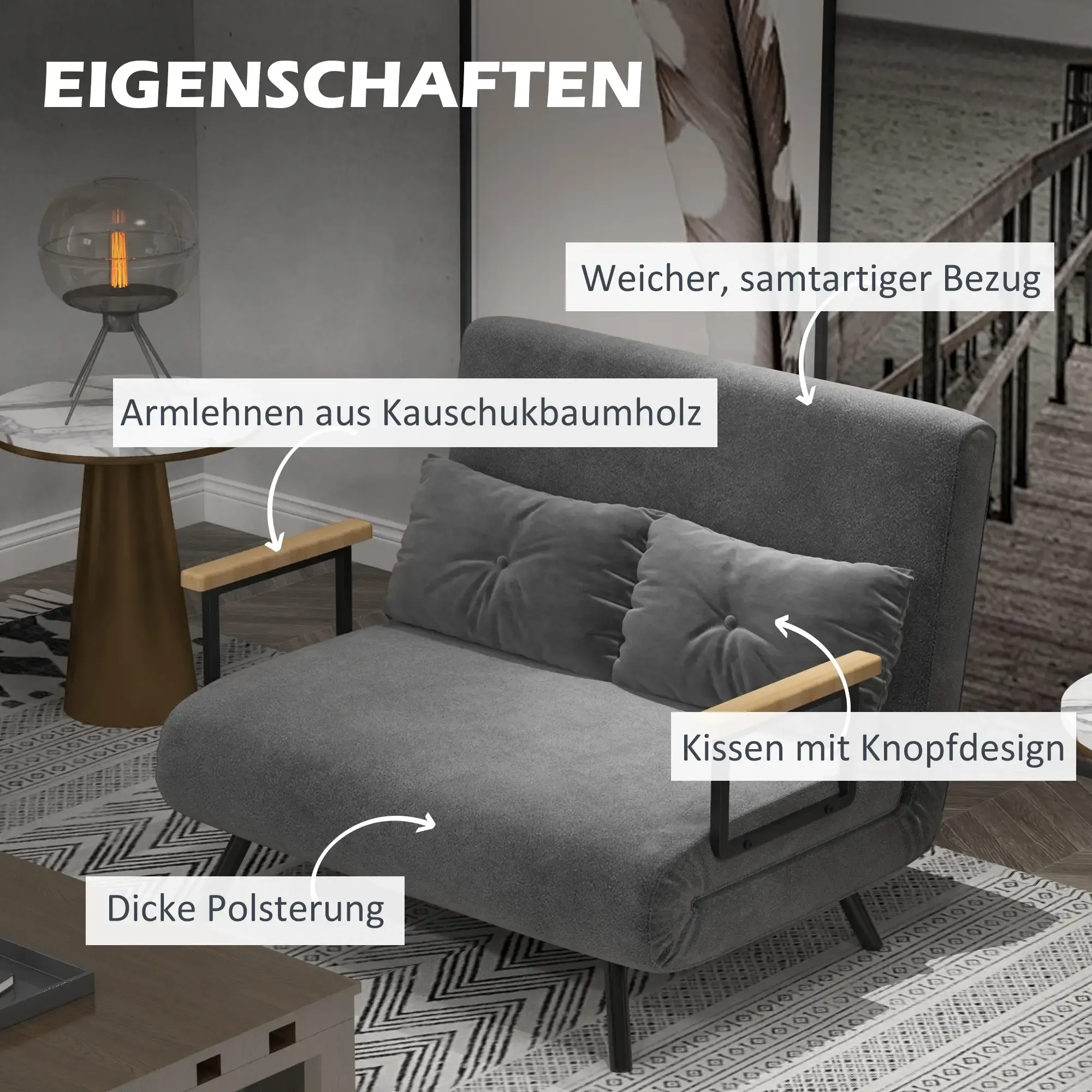 Sofa mit Text, der seine Eigenschaften beschreibt: weicher Stoff, Holzarmlehnen, dicke Polsterung. Weißer Hintergrund.