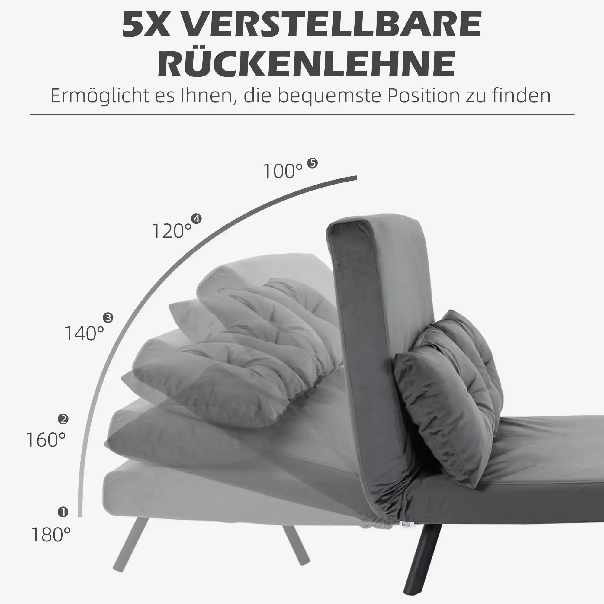 Schlafsofa mit verstellbarer Rückenlehne in verschiedenen Winkeln. Zeigt verschiedene Positionen. Weißer Hintergrund.