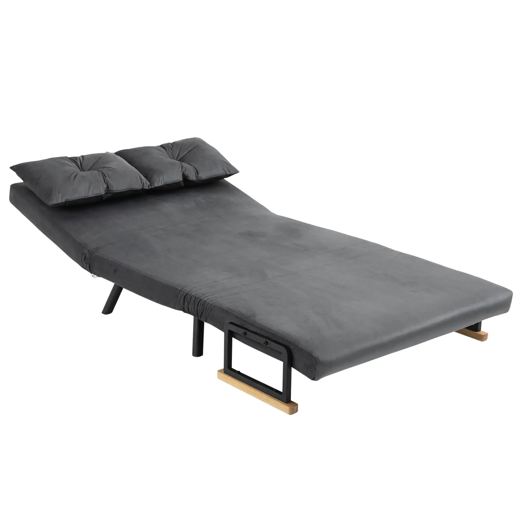 Ein graues Futon ist ausgeklappt und angewinkelt. Es hat schwarze Beine und zwei Kissen.