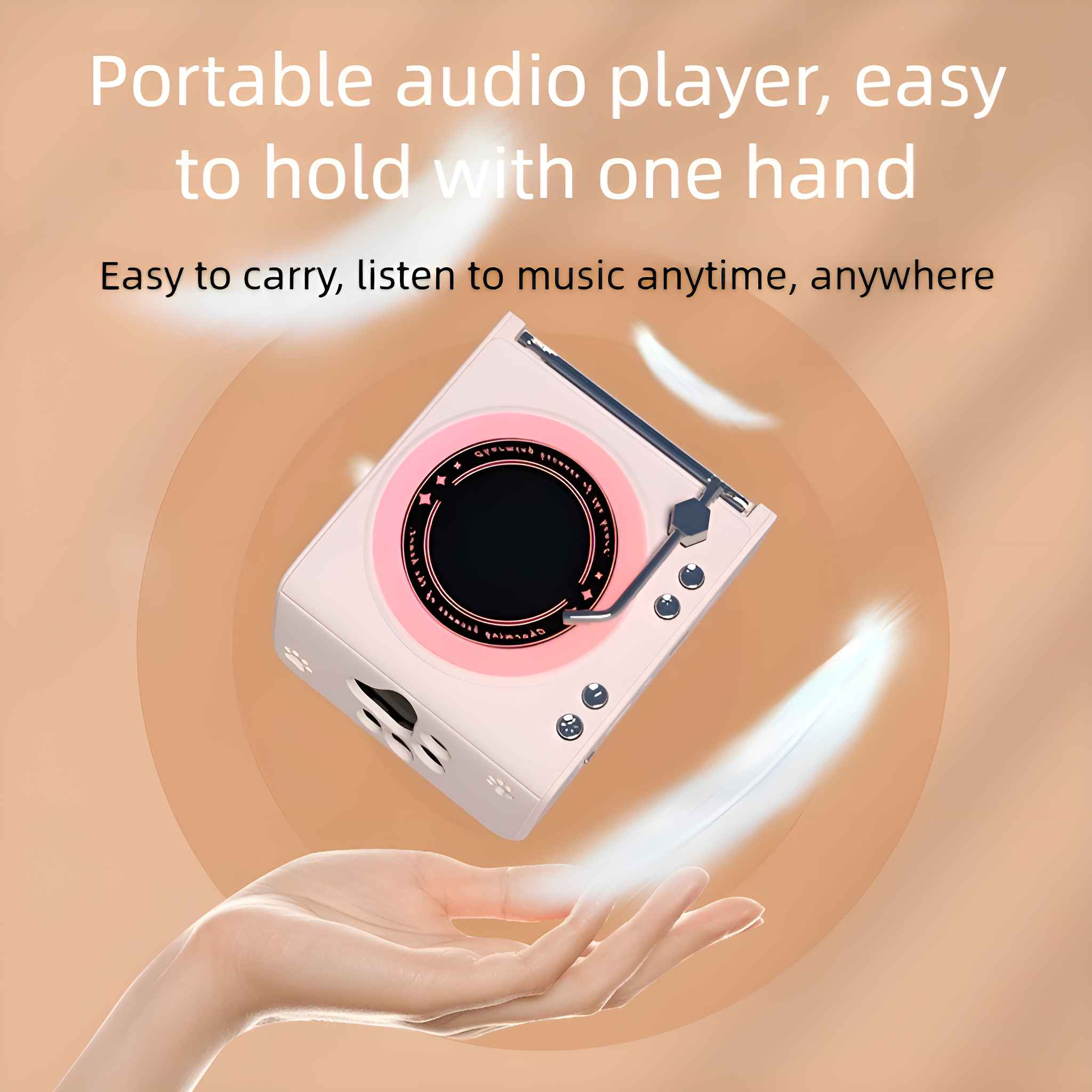 Rosa-weißer Retro-Audioplayer, der von einer Hand gehalten wird, mit braunem Hintergrund und Feder.