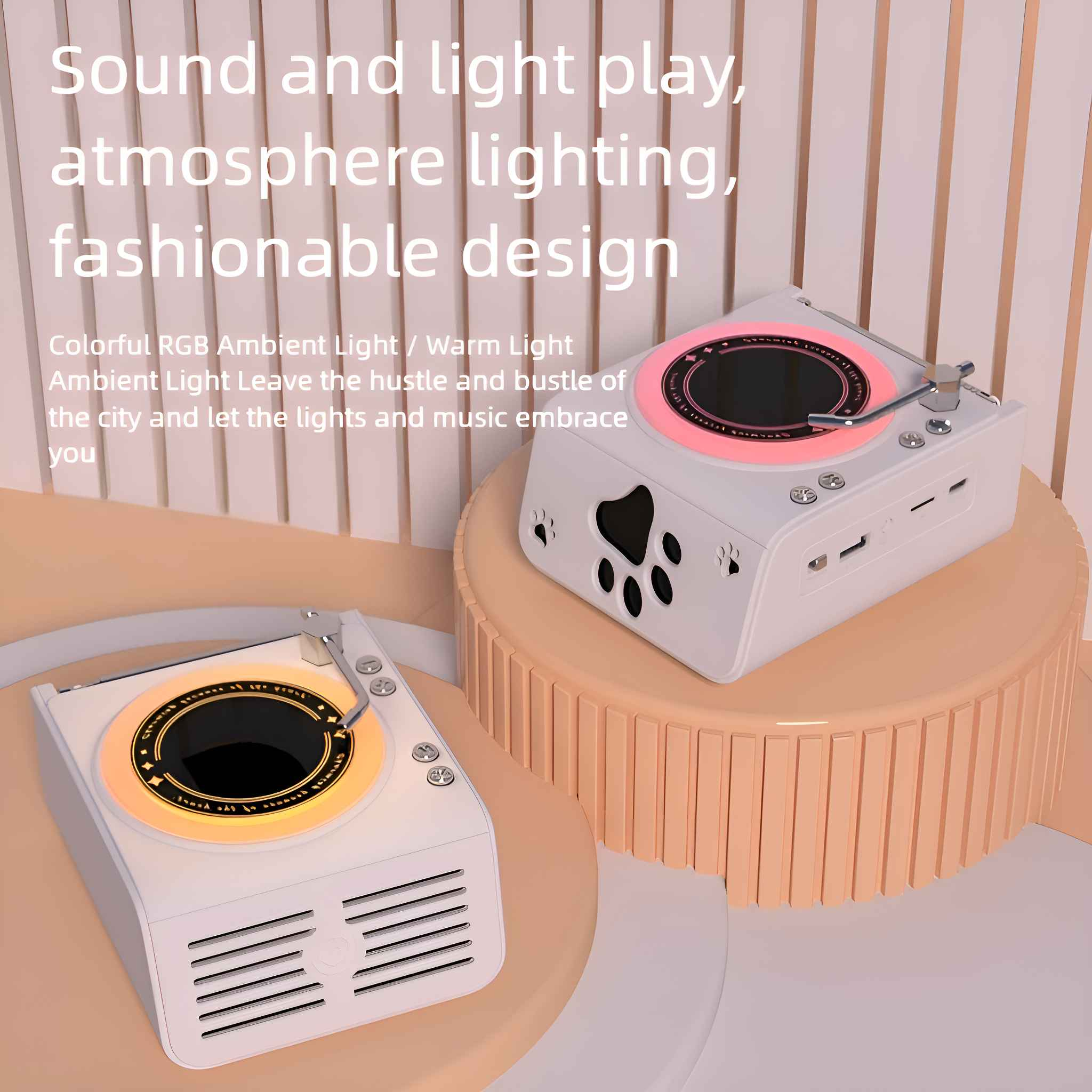 Zwei weiße Retro-Audioplayer mit rosa und orangefarbenen Lichtern. Der Text lautet 'Sound and light play'.