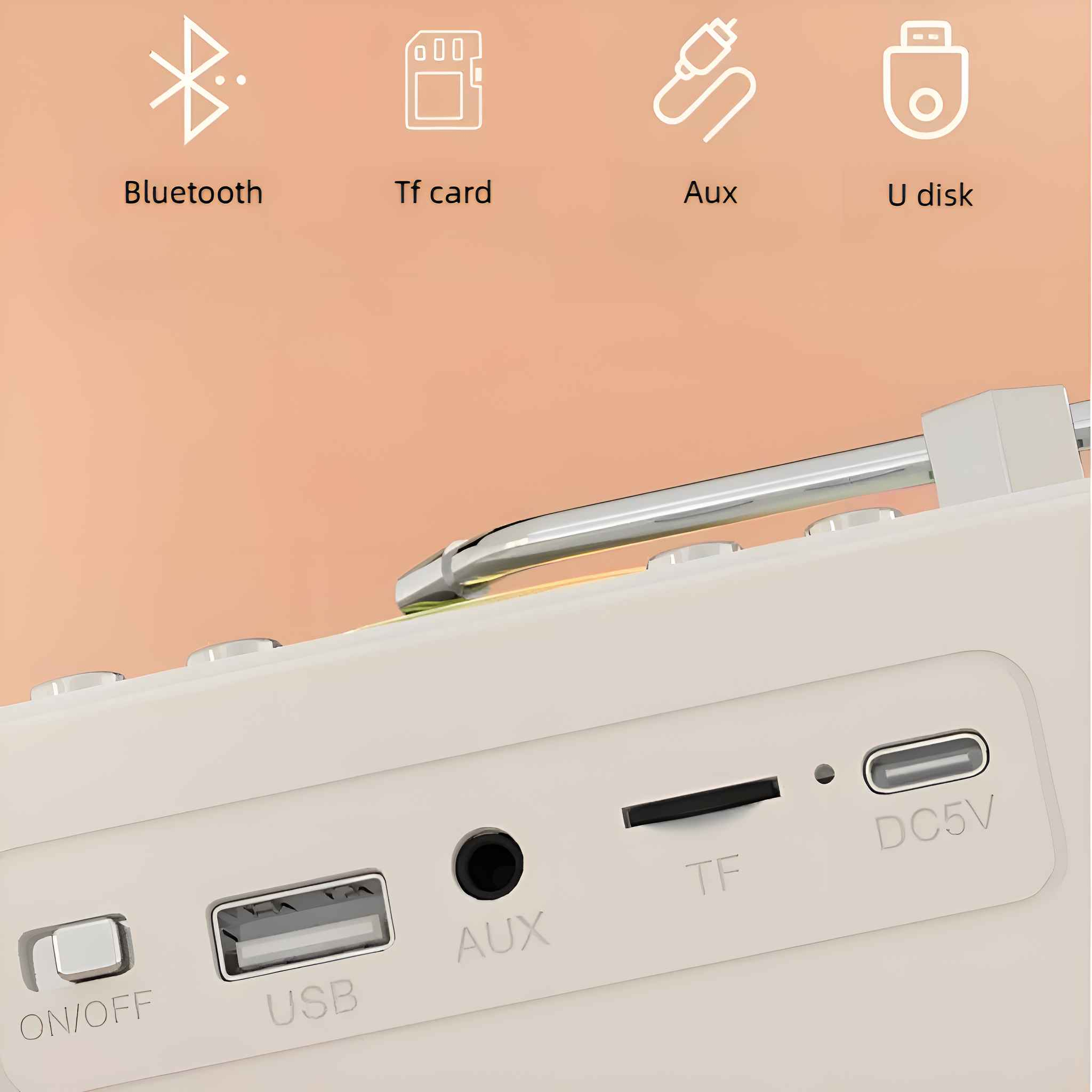 Nahaufnahme der Seite eines weißen Audioplayers mit Anschlüssen und Symbolen für Bluetooth, TF, AUX, USB.