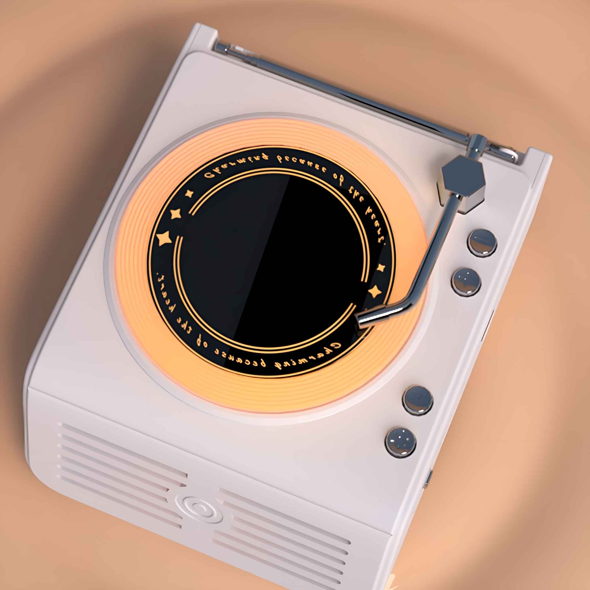 Nahaufnahme eines weißen Audioplayers, der einem Retro-Plattenspieler ähnelt, mit orangefarbenem Licht.