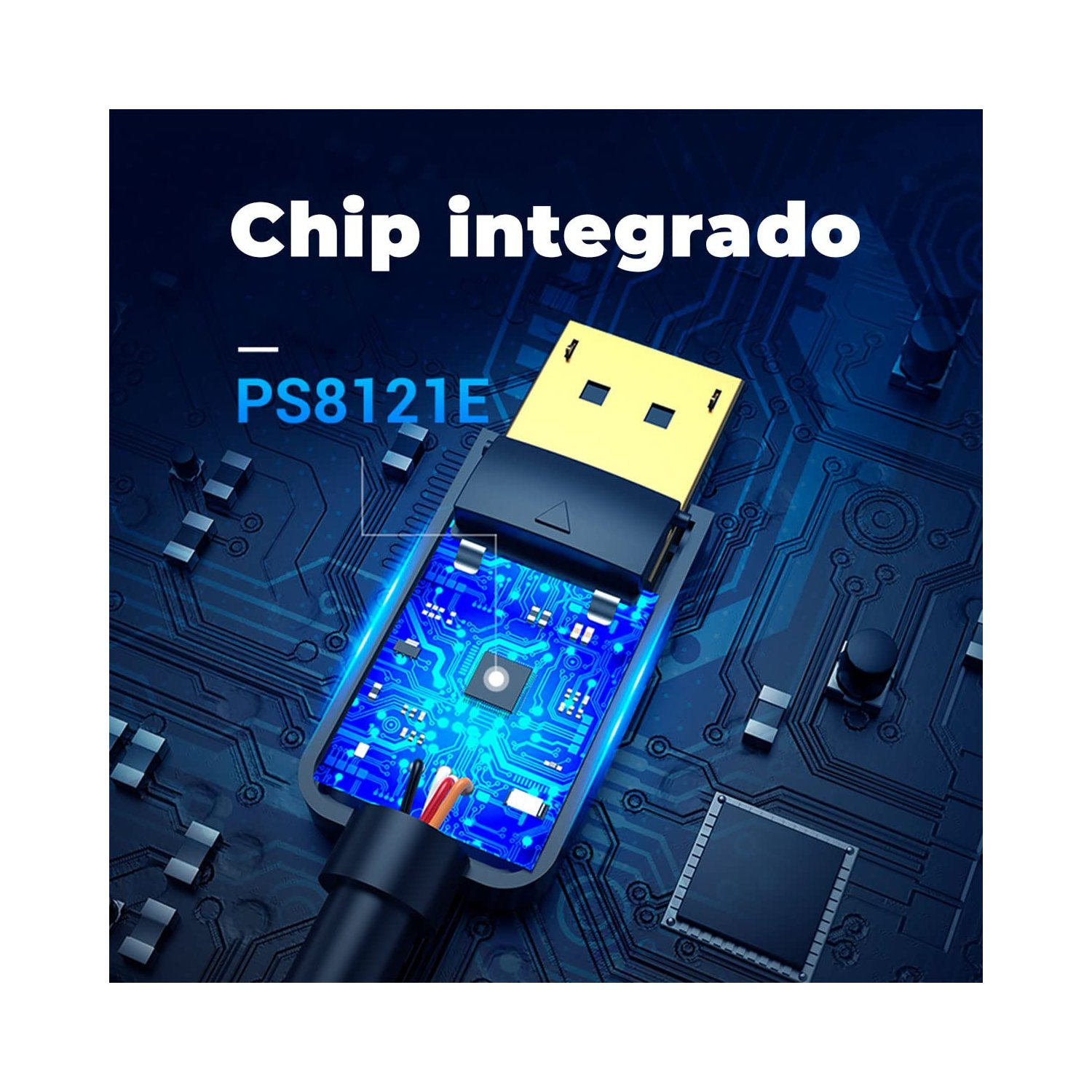 Primer plano de una placa de circuito con un chip integrado. El chip está resaltado con luz azul.