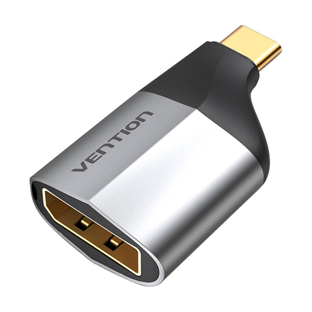 Adaptateur Vention argent et noir avec un connecteur USB-C et un port HDMI. Il est sur fond blanc.