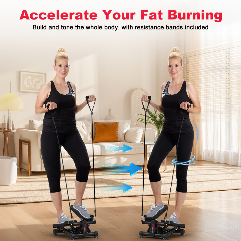 Dwie kobiety na stepperach z taśmami oporowymi. Tekst: 'Przyspiesz spalanie tłuszczu'. Strzałki wskazują ruch.