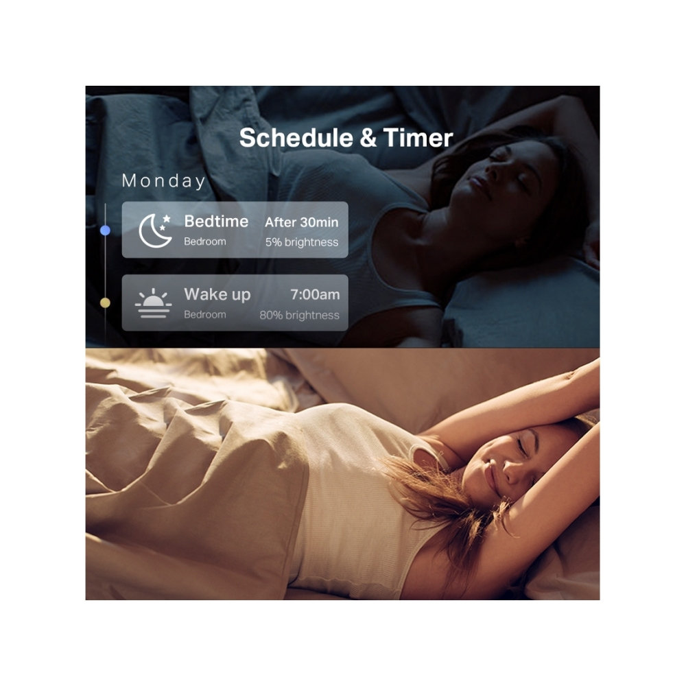 Eine Frau im Bett und eine Grafik für Zeitplan/Timer. Die Grafik zeigt eine Schlafenszeit und Aufwachzeit mit Helligkeitseinstellungen.