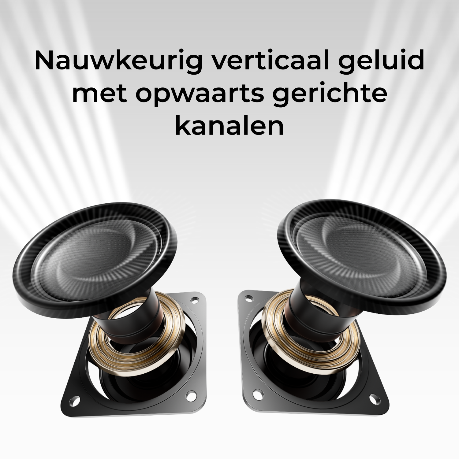 Deux haut-parleurs noirs avec des accents dorés sur fond blanc. Texte : "Naukeurig verticaal geluid met opwaarts gerichte kanalen".