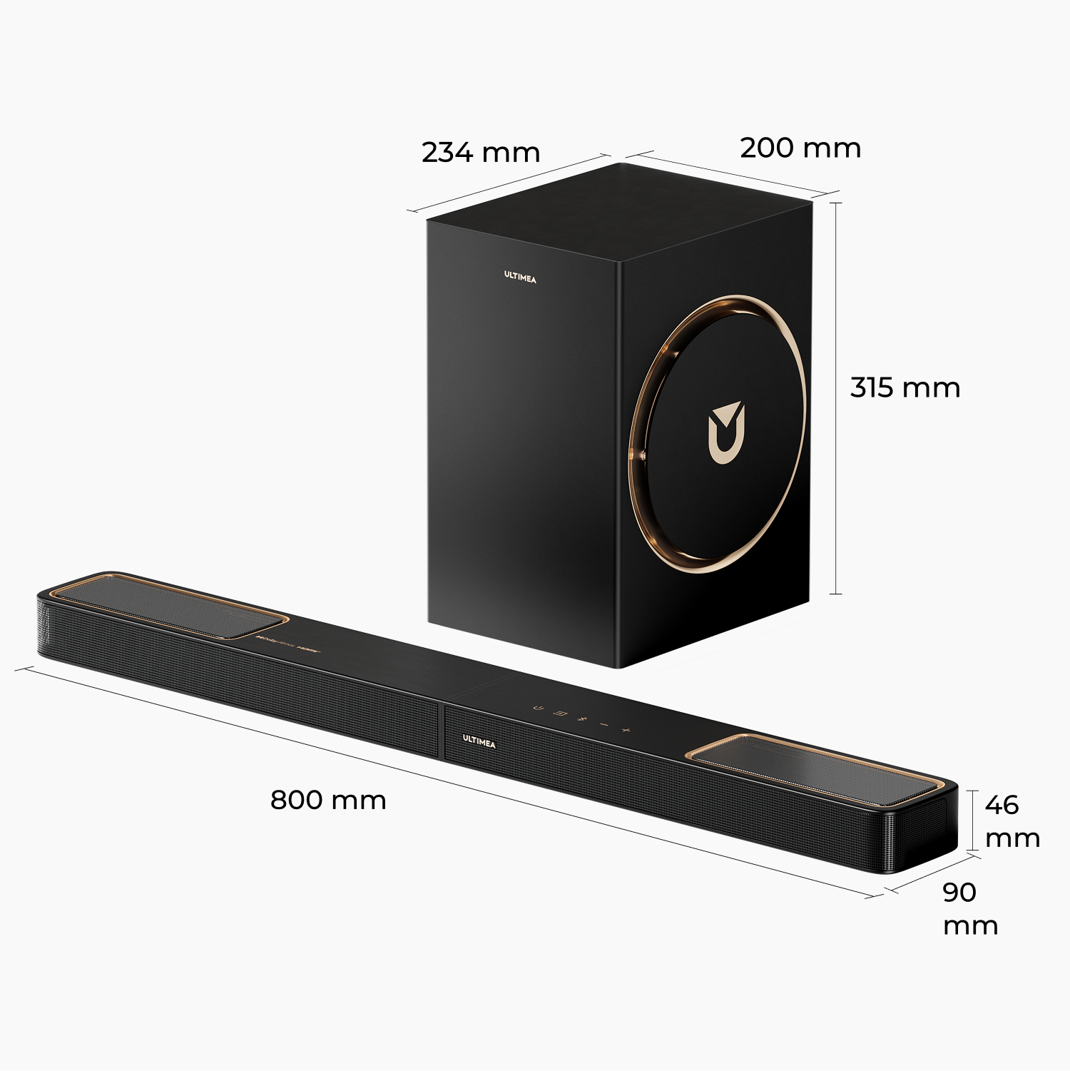 Een zwarte soundbar en subwoofer, met afmetingen aangegeven, op een witte achtergrond. Gouden details.