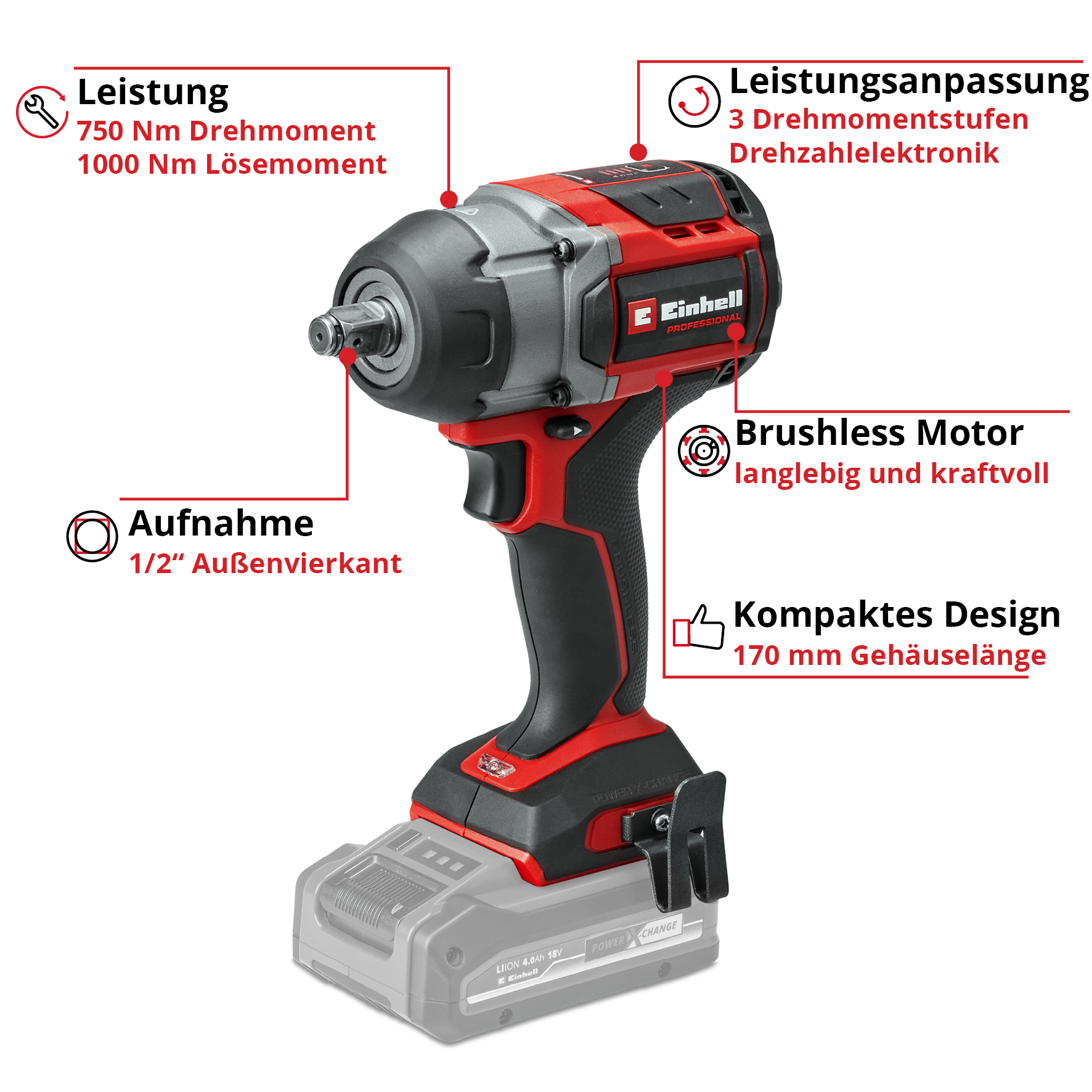 Ein rotes und schwarzes Elektrowerkzeug mit Etiketten. Merkmale sind ein bürstenloser Motor, kompaktes Design und Leistungsanpassung.