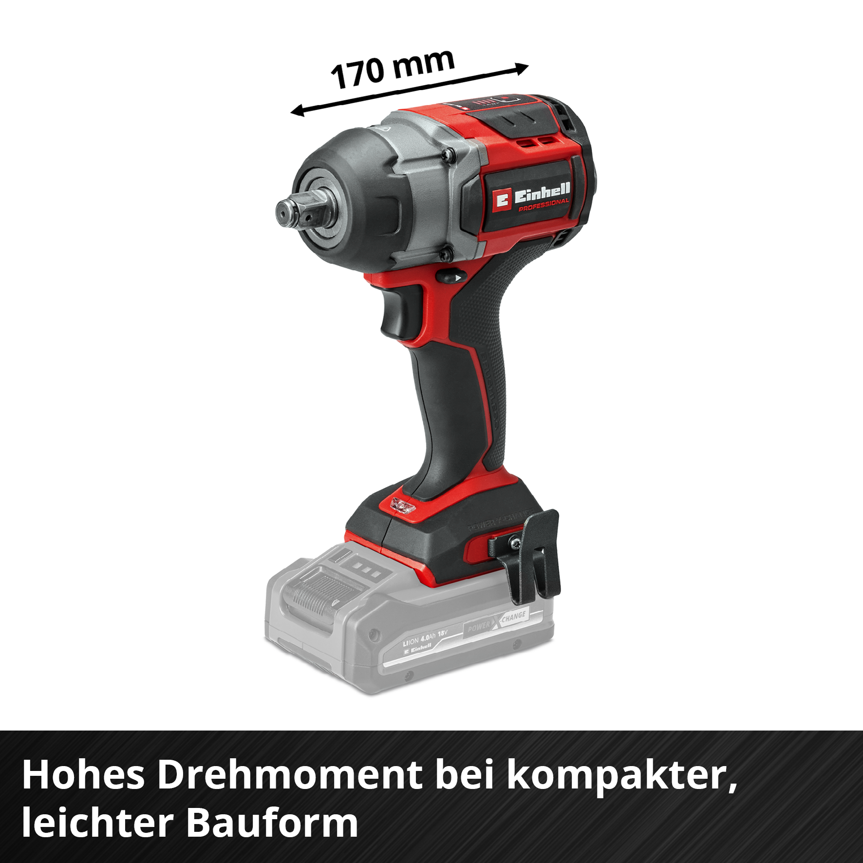 Roter und schwarzer Schlagschrauber mit Akku. Text: Hohes Drehmoment bei kompakter, leichter Bauform.
