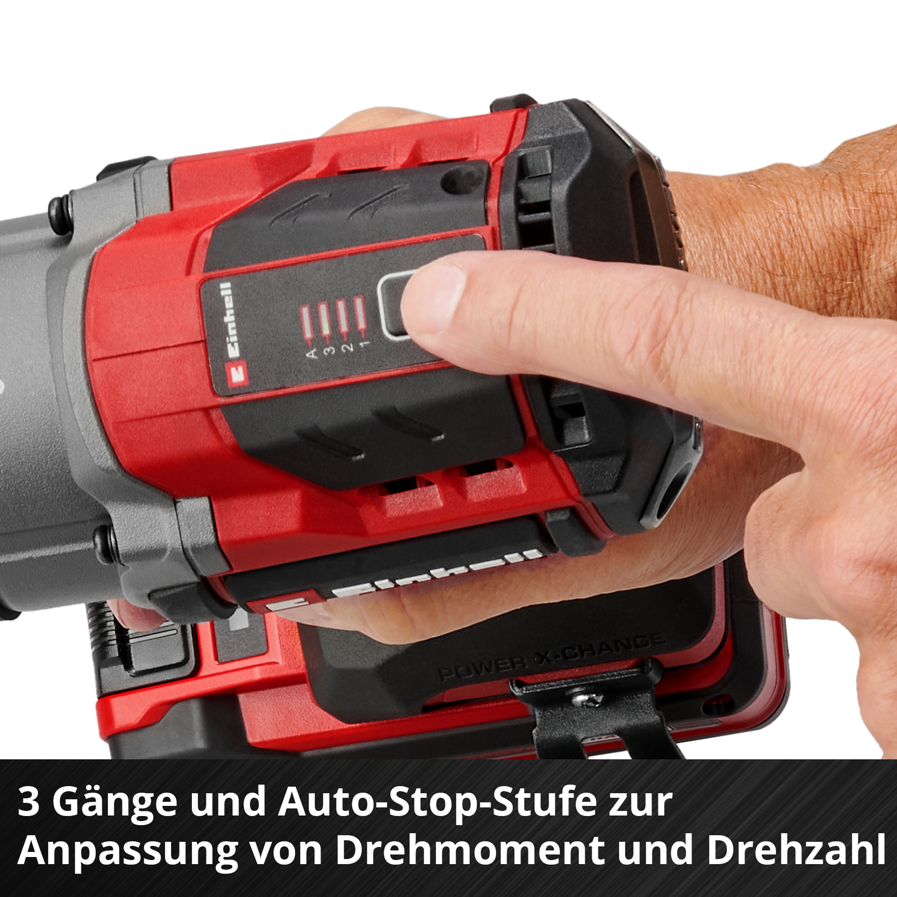 Eine Hand drückt einen Knopf auf einem rot-schwarzen Elektrowerkzeug. Text weist auf Einstellungen für Drehmoment und Geschwindigkeit hin.