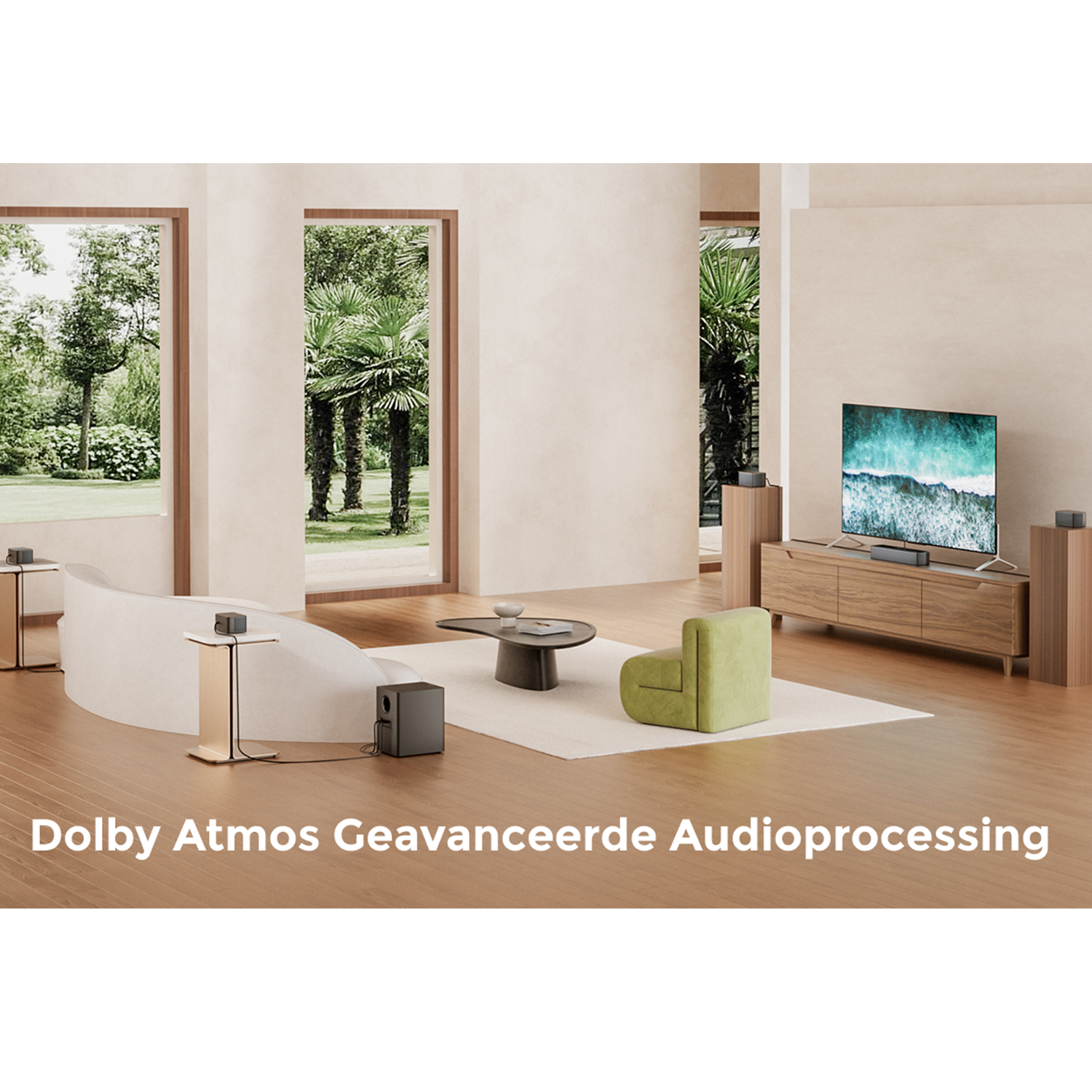Kamer met modern design. Toont een tv en speakers. Tekst: Dolby Atmos.