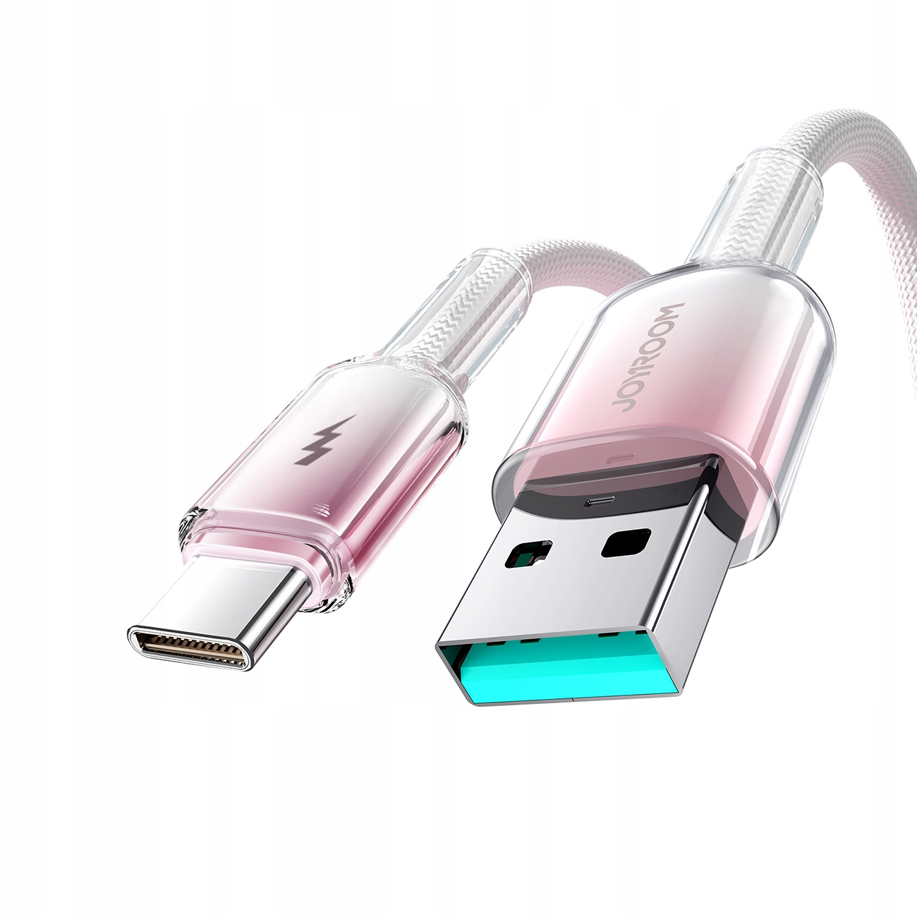 Rosa und weißes USB-C-Kabel. Text Joyroom an der Seite. Weißer Hintergrund.