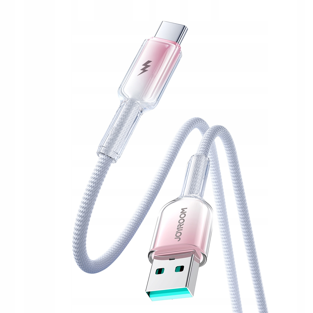 Ein weißes und rosa USB-C-Kabel. Ein Ende ist USB-C, das andere ist USB. Beide Enden haben rosa Akzente.