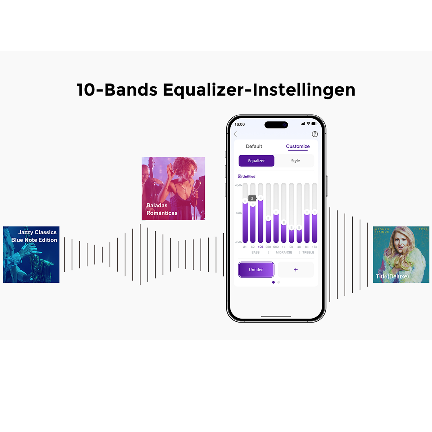 Een smartphonescherm met 10-bands equalizerinstellingen. Muziekalbumhoezen worden onder de equalizer weergegeven.
