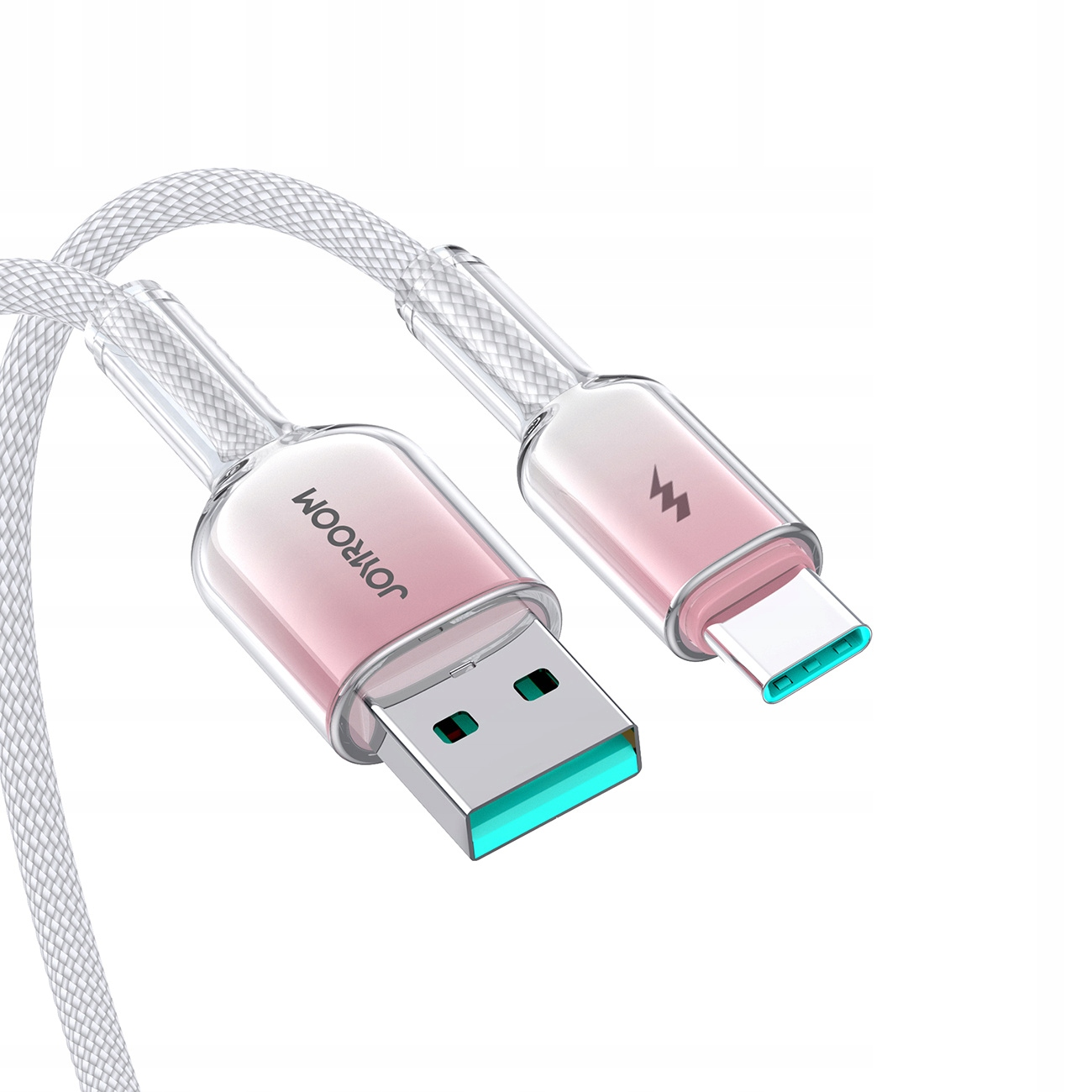 Ein weißes USB-Kabel mit einem rosa und silbernen USB-C-Anschluss und einem USB-Anschluss. Der Markenname ist sichtbar.
