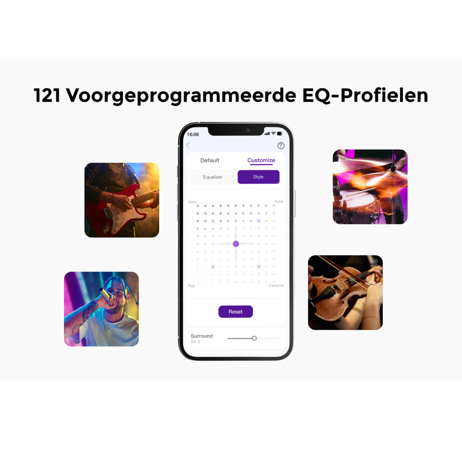 Smartphone scherm met muziek-app interface en verschillende muziekstijlen.