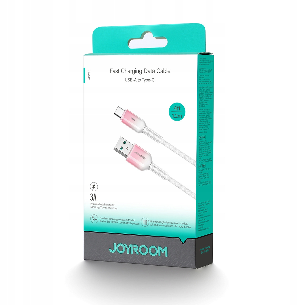 Box mit USB-A-zu-Typ-C-Ladekabel. Das Kabel ist weiß und rosa.