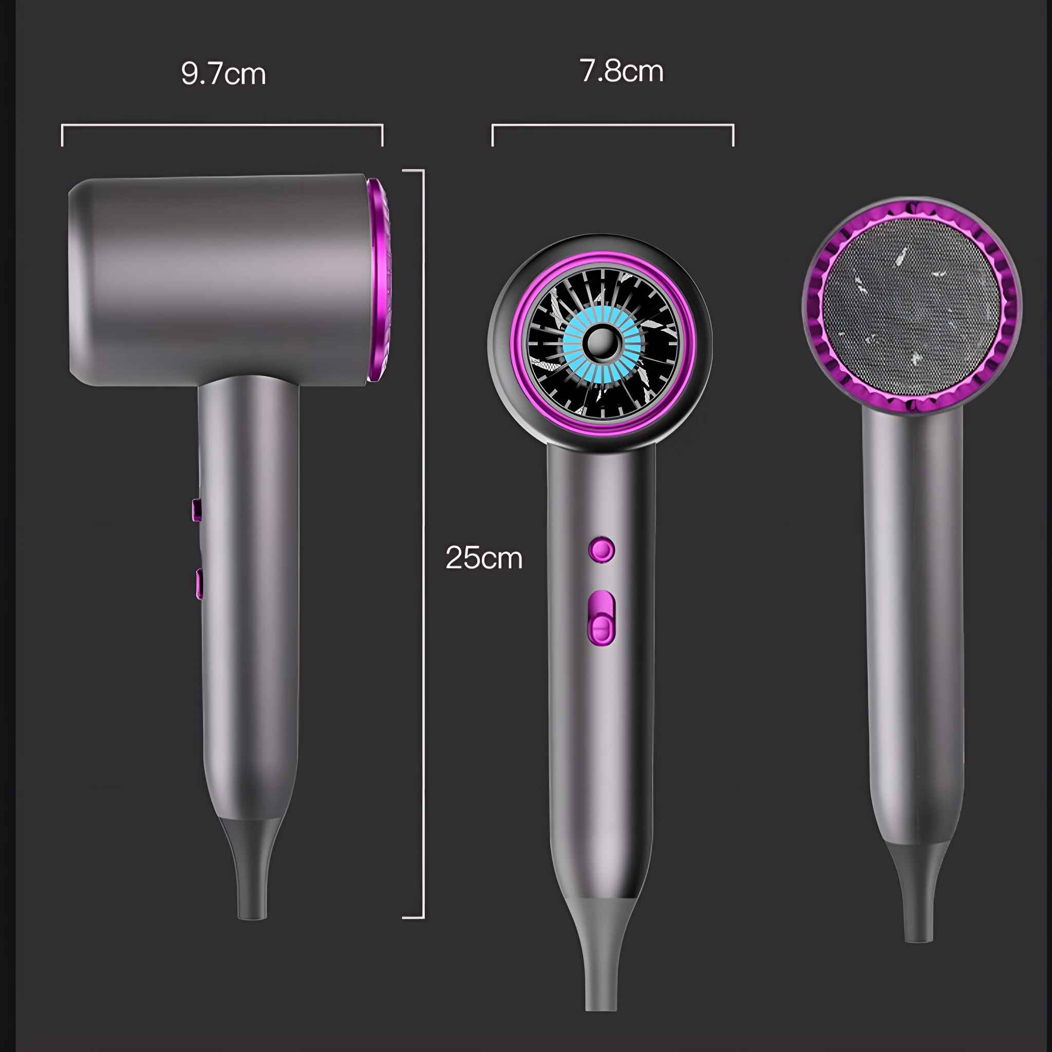 Drei Ansichten eines grauen Haartrockners mit lila Akzentring. Abmessungen sind beschriftet: 9,7 cm, 7,8 cm und 25 cm.