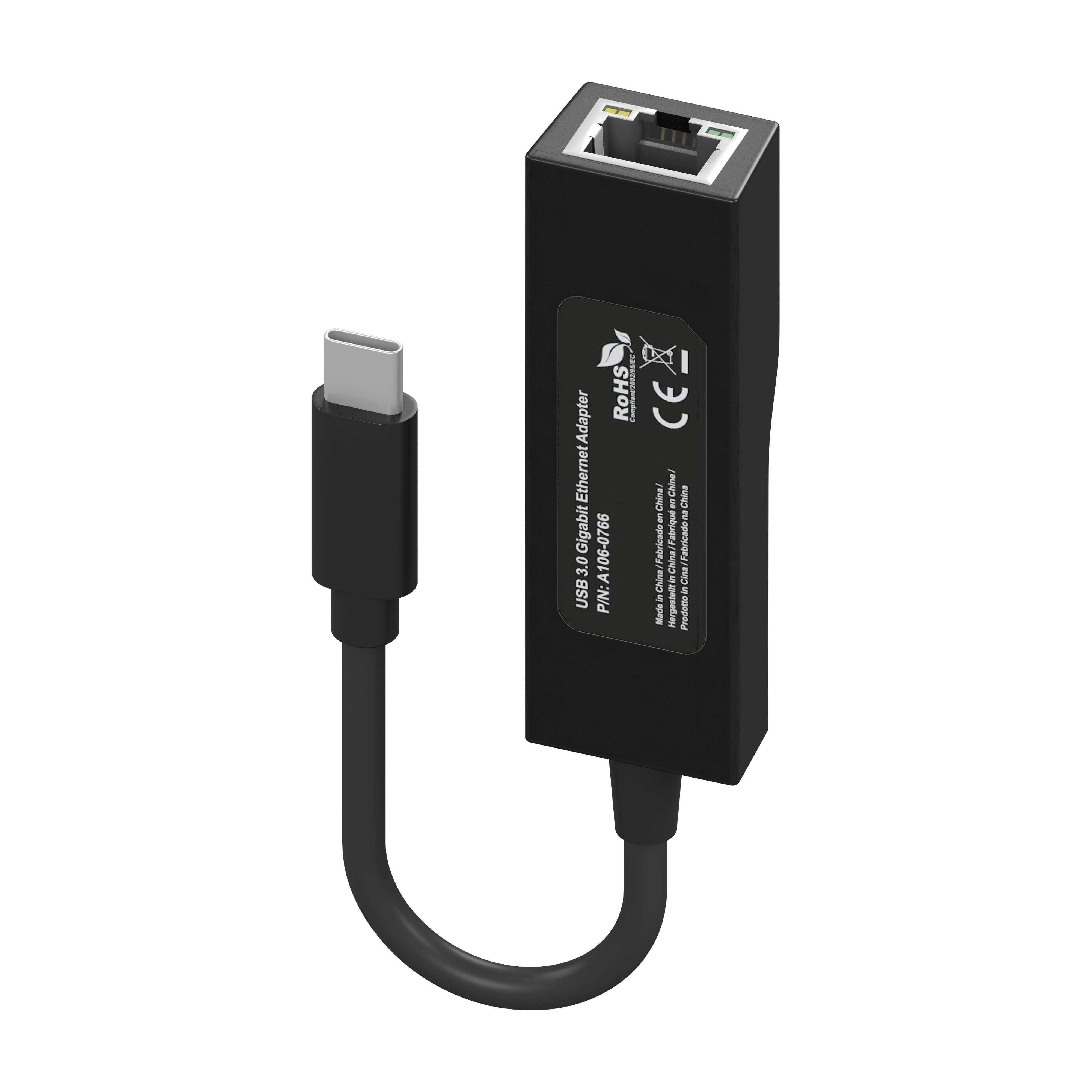 Adaptador Ethernet Gigabit USB 3.0 negro con conector USB-C y puerto Ethernet estándar.