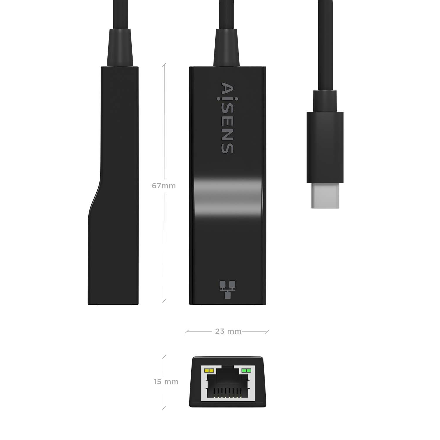 Adaptador USB-C a Ethernet negro con dimensiones en milímetros. Muestra el puerto USB-C y Ethernet.