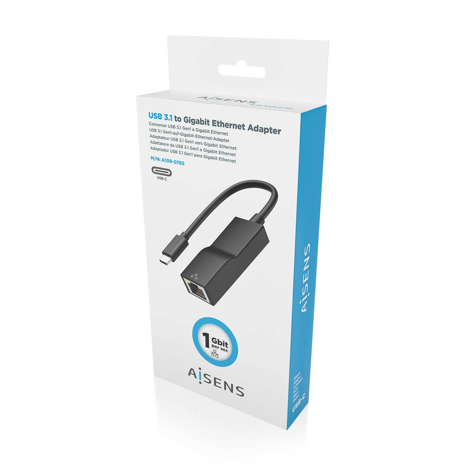 Caja de adaptador USB 3.1 a Gigabit Ethernet. La caja tiene un icono de puerto USB-C.