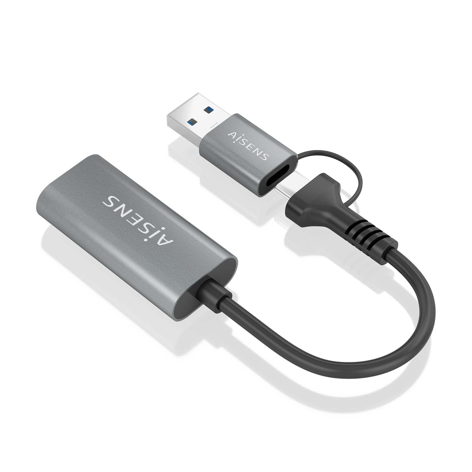Adaptador Aiseins plateado con conectores USB y USB-C. Cable negro conecta las partes.