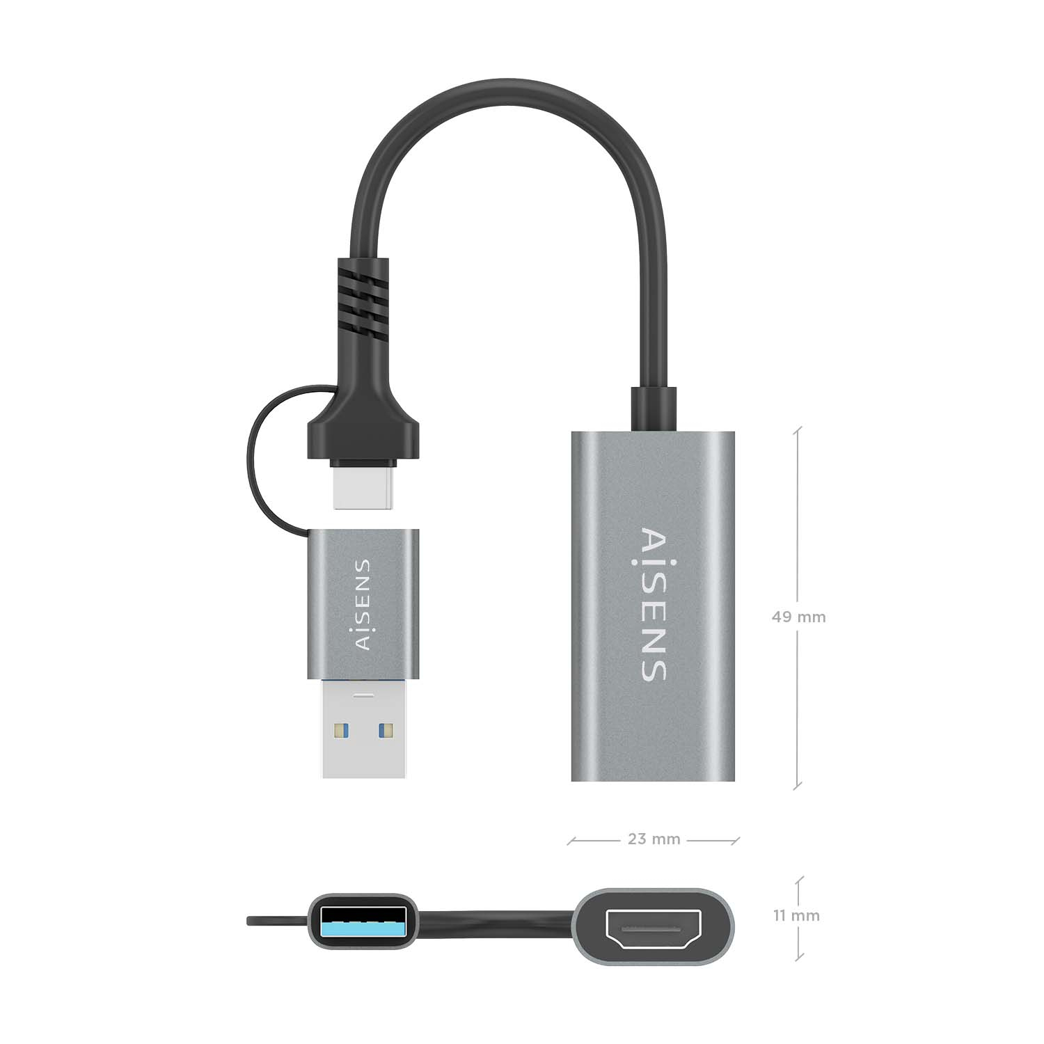 Adaptador Aiseins plateado con puertos USB y HDMI. Cable negro. Dimensiones mostradas.