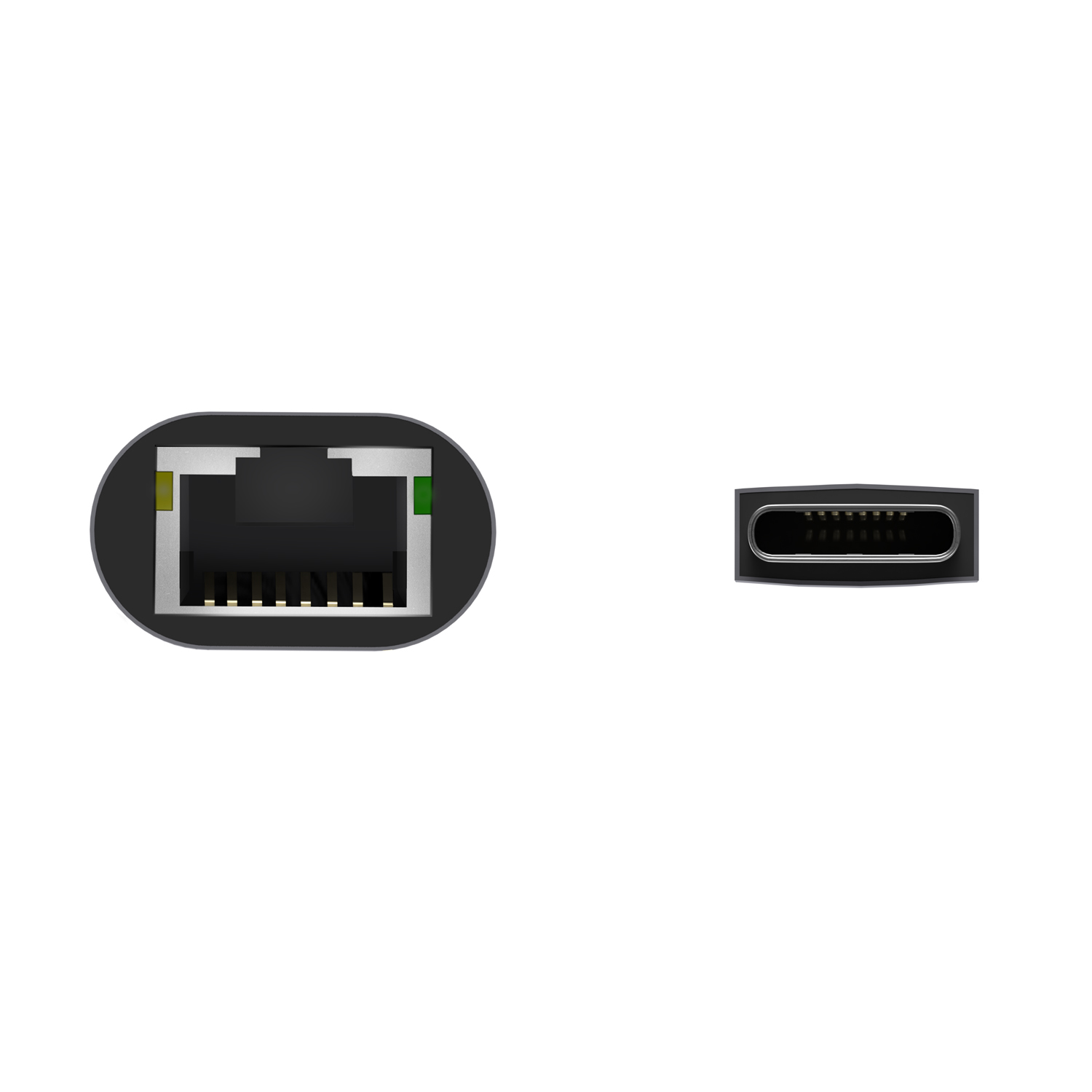 Primer plano de puerto Ethernet y conector USB-C. Colores negro y gris.