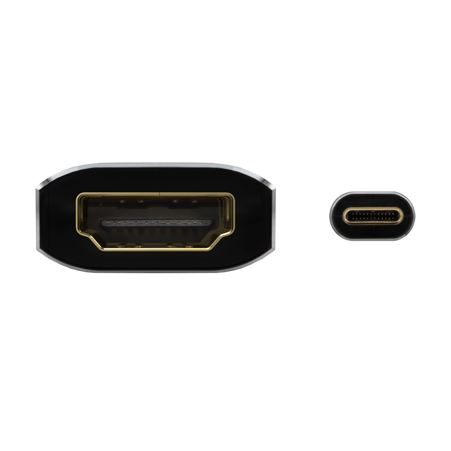 Dos conectores: uno HDMI y uno USB-C, en primer plano, sobre fondo blanco.