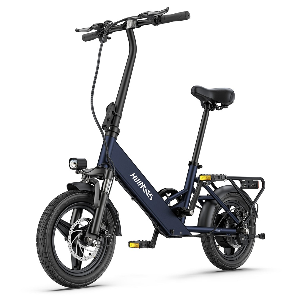 Bicicleta eléctrica plegable azul. Llantas, asiento y manillar negros. Fondo blanco.