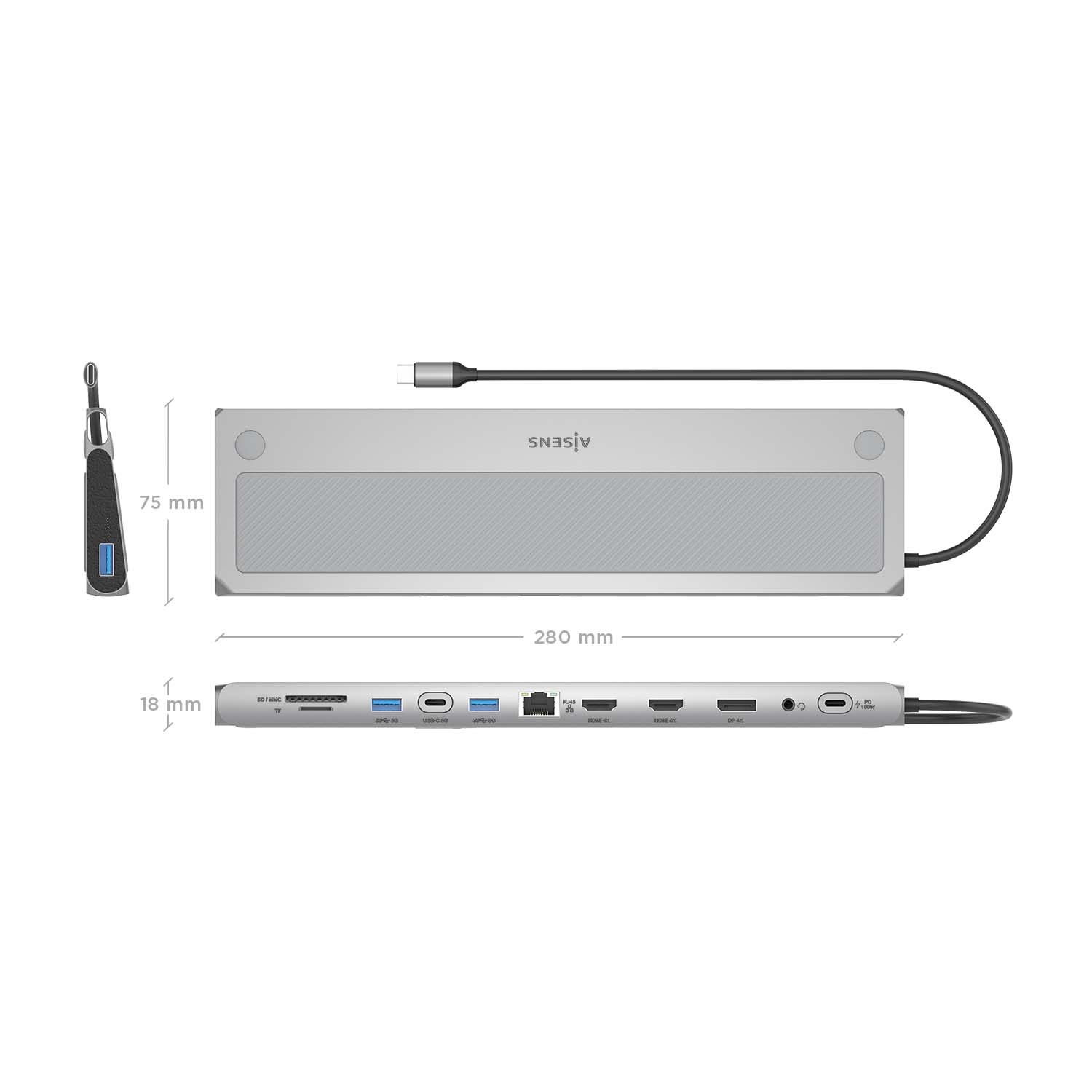 Se muestra una estación de acoplamiento USB-C plateada con varios puertos y dimensiones sobre un fondo blanco.